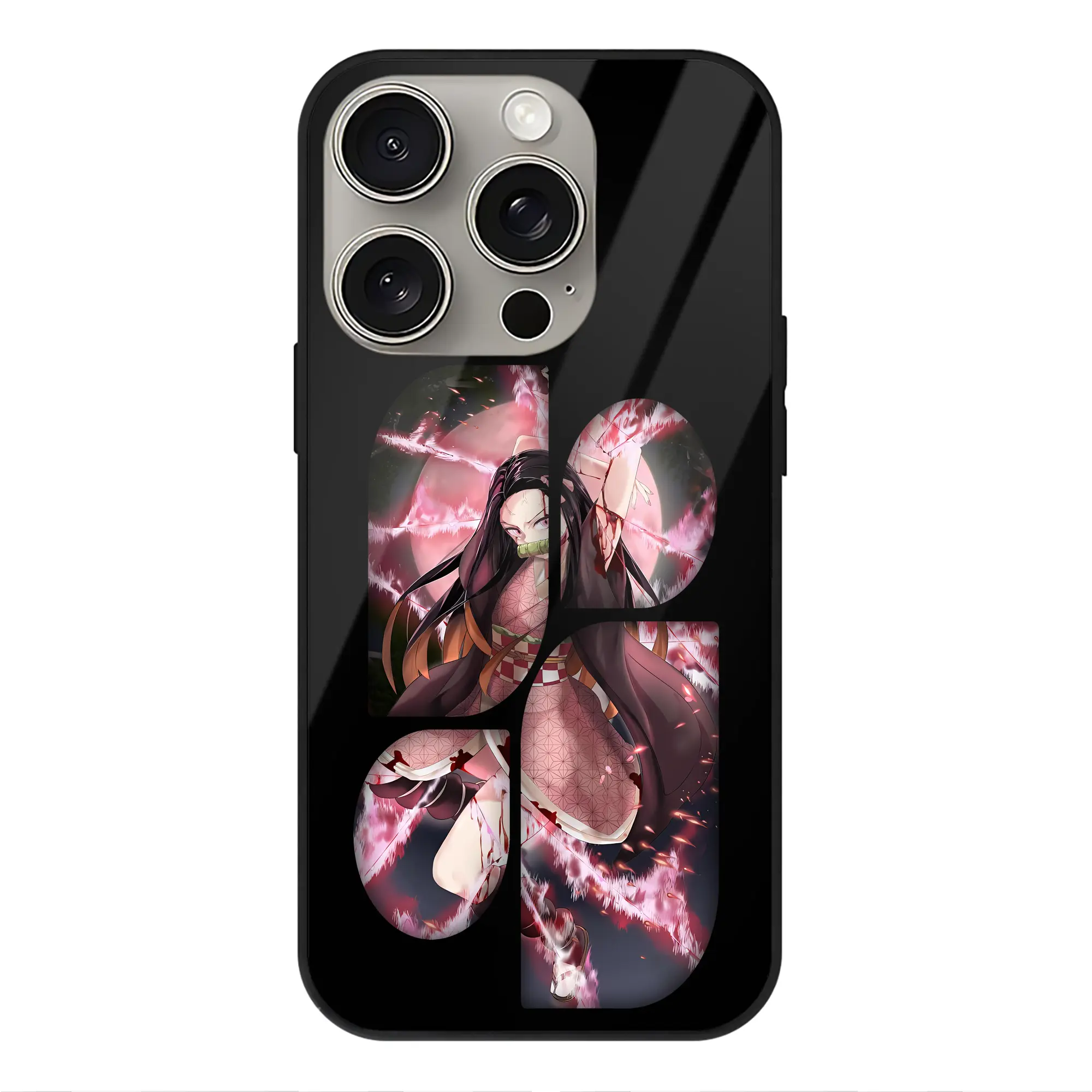 鬼滅の刃 グッズ,竈門 禰豆子 - IPhone15Pro対応 ・ スマホケース ・ 背面ガラス ・ TPU+強化ガラス ・ 耐衝撃 ・ 黄変防止 ・ ワイヤレス充電対応 ・ 3D立体ボタン