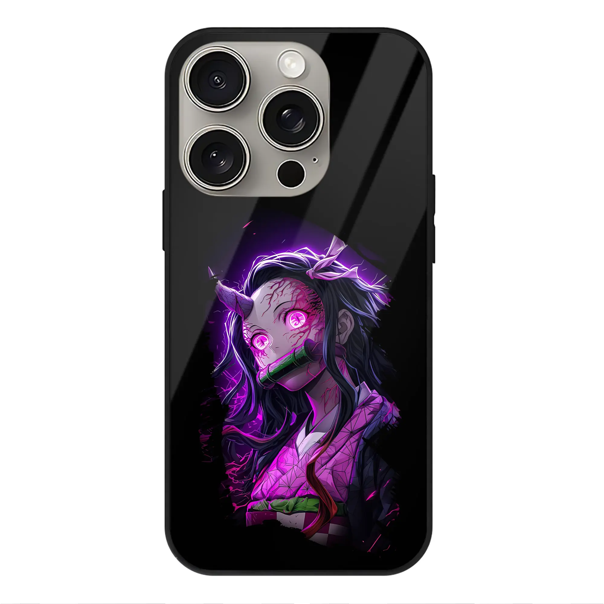 鬼滅の刃 グッズ,竈門 禰豆子 - IPhone15Pro対応 ・ スマホケース ・ 背面ガラス ・ TPU+強化ガラス ・ 耐衝撃 ・ 黄変防止 ・ ワイヤレス充電対応 ・ 3D立体ボタン