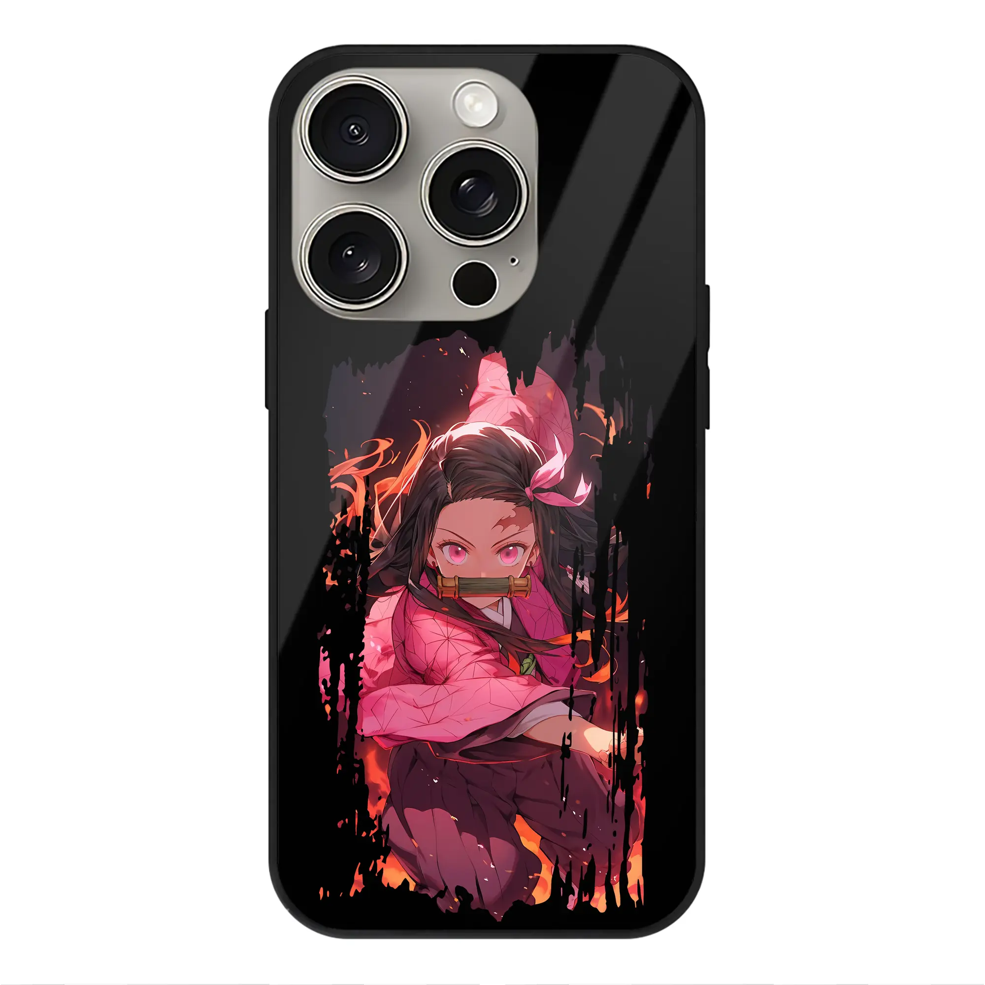 鬼滅の刃 グッズ,竈門 禰豆子 - IPhone15Pro対応 ・ スマホケース ・ 背面ガラス ・ TPU+強化ガラス ・ 耐衝撃 ・ 黄変防止 ・ ワイヤレス充電対応 ・ 3D立体ボタン