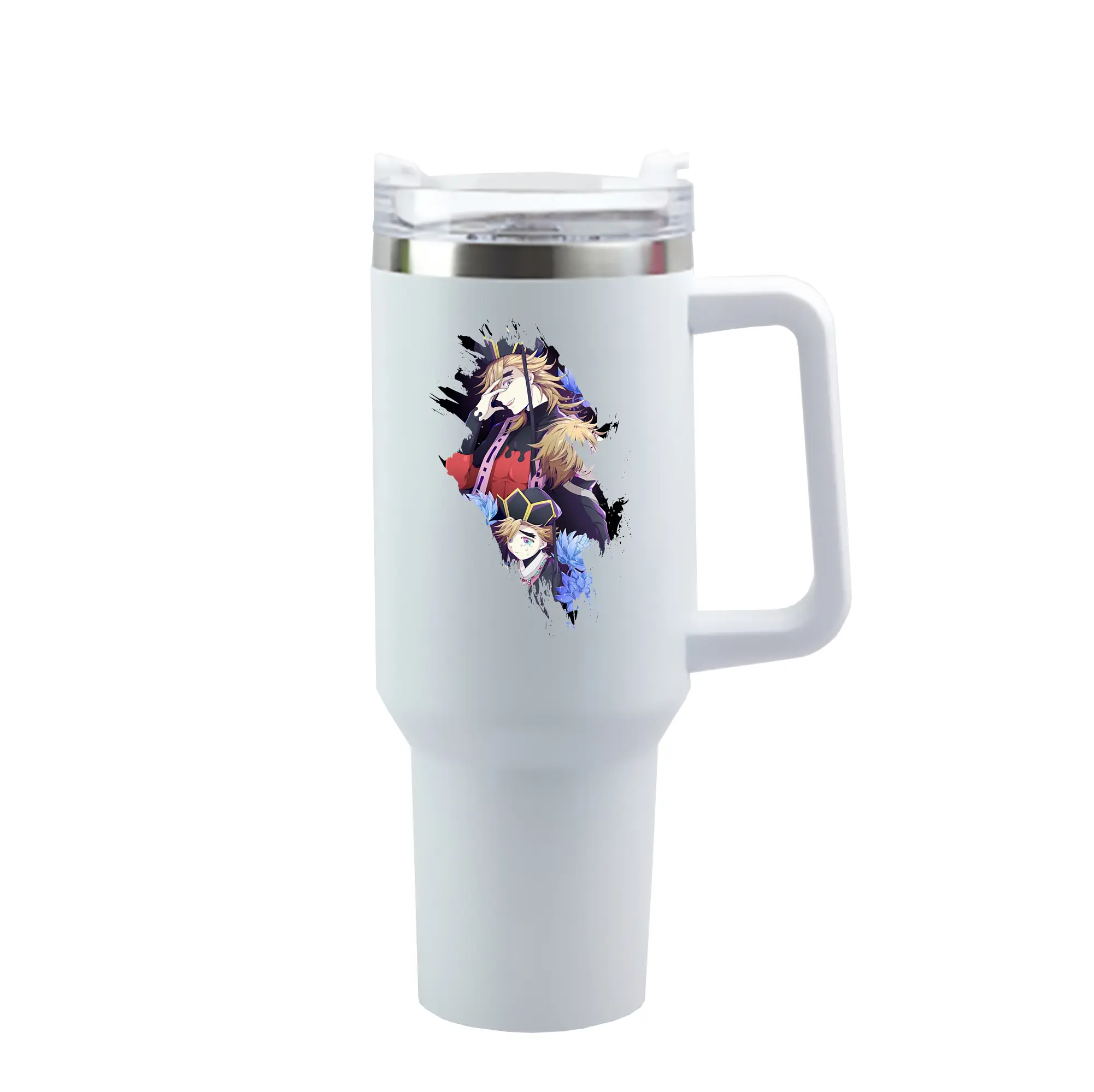 鬼滅の刃 グッズ,童磨 - 1200mL 車用タンブラー ・ クリスタルステッカー ・ 304ステンレス 内側 ・ 201ステンレス 外側 ・ 保温 保冷 ・ ハンドル＆ストロー付き ・ 通勤 ドライブ アウトドア用
