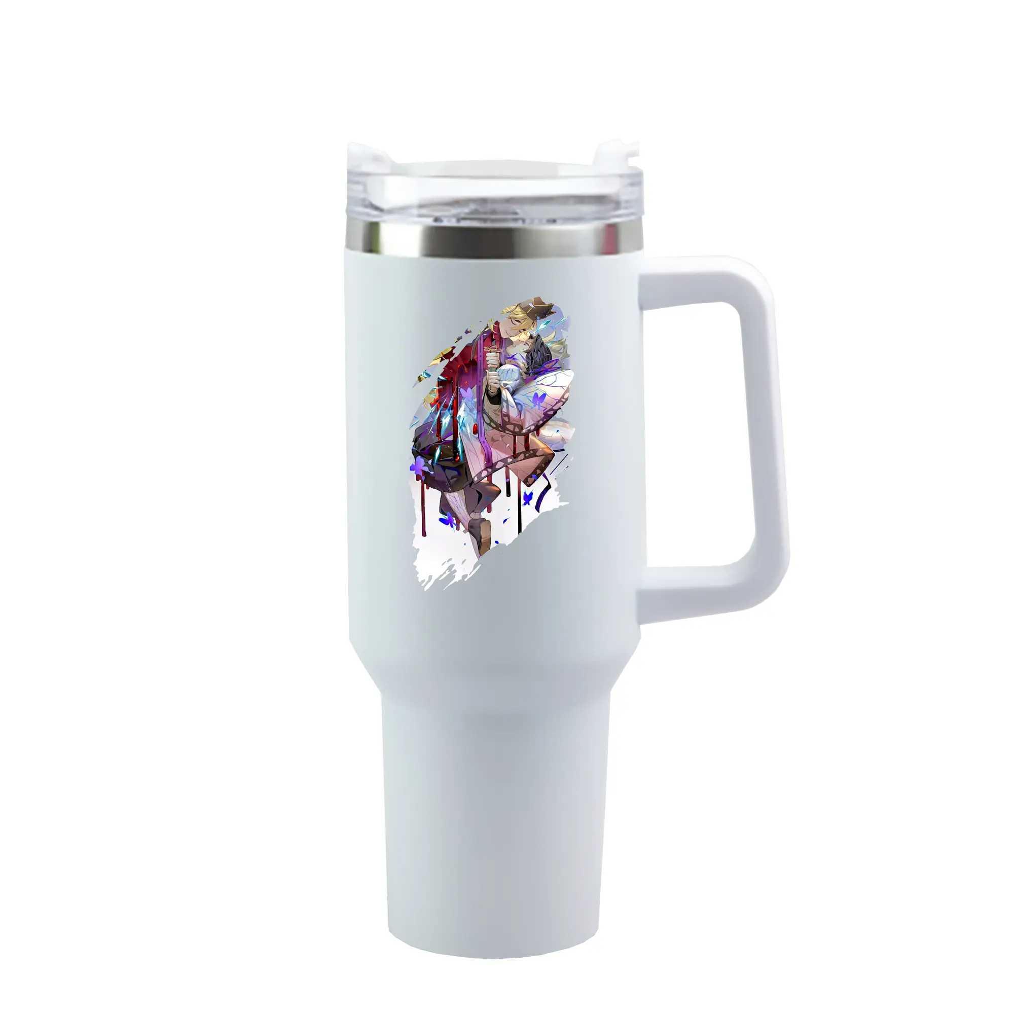 鬼滅の刃 グッズ,童磨 - 1200mL 車用タンブラー ・ クリスタルステッカー ・ 304ステンレス 内側 ・ 201ステンレス 外側 ・ 保温 保冷 ・ ハンドル＆ストロー付き ・ 通勤 ドライブ アウトドア用