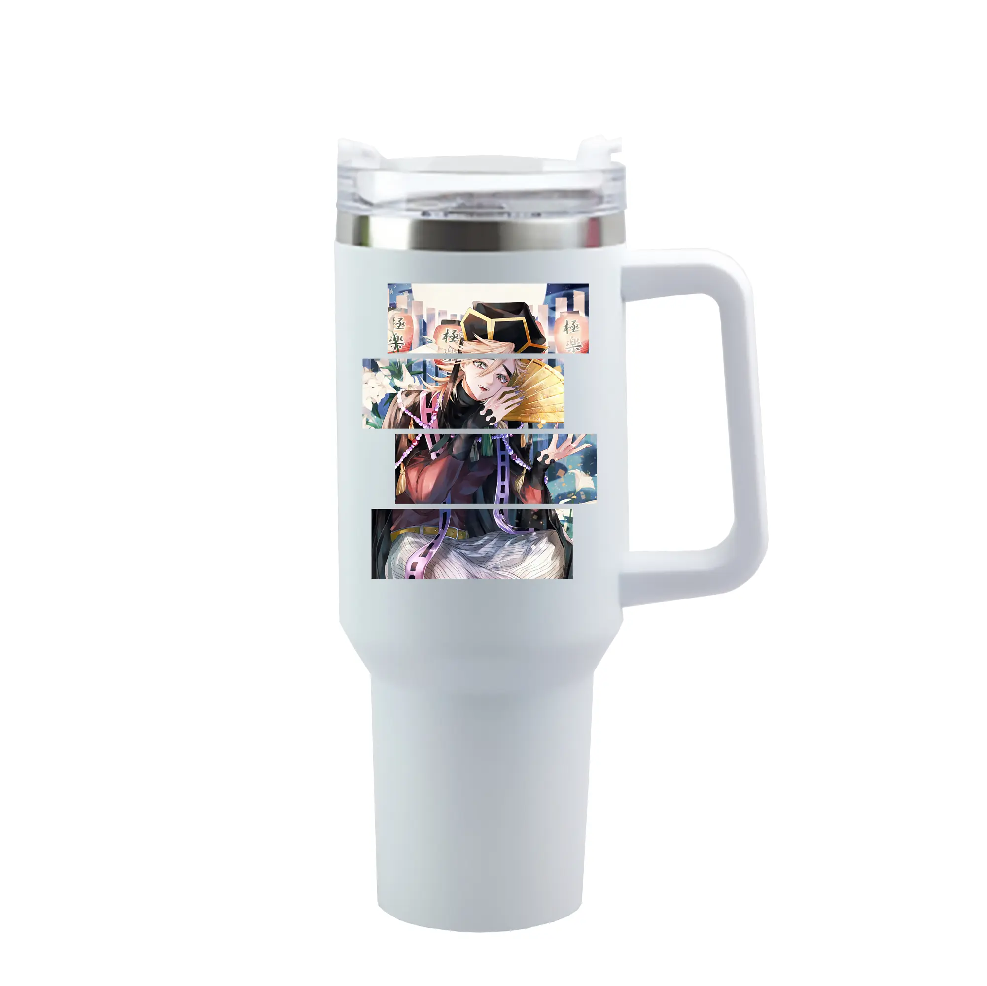 鬼滅の刃 グッズ,童磨 - 1200mL 車用タンブラー ・ クリスタルステッカー ・ 304ステンレス 内側 ・ 201ステンレス 外側 ・ 保温 保冷 ・ ハンドル＆ストロー付き ・ 通勤 ドライブ アウトドア用