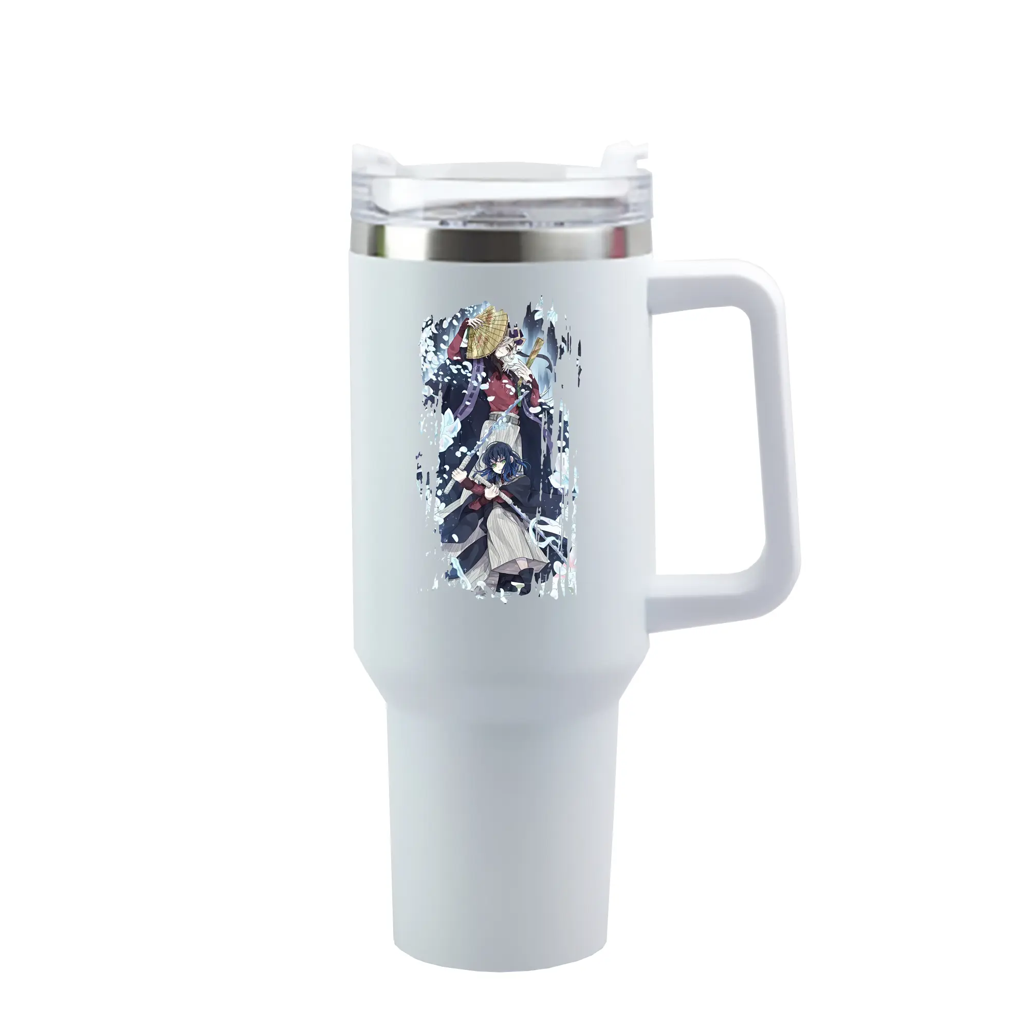 鬼滅の刃 グッズ,童磨 - 1200mL 車用タンブラー ・ クリスタルステッカー ・ 304ステンレス 内側 ・ 201ステンレス 外側 ・ 保温 保冷 ・ ハンドル＆ストロー付き ・ 通勤 ドライブ アウトドア用