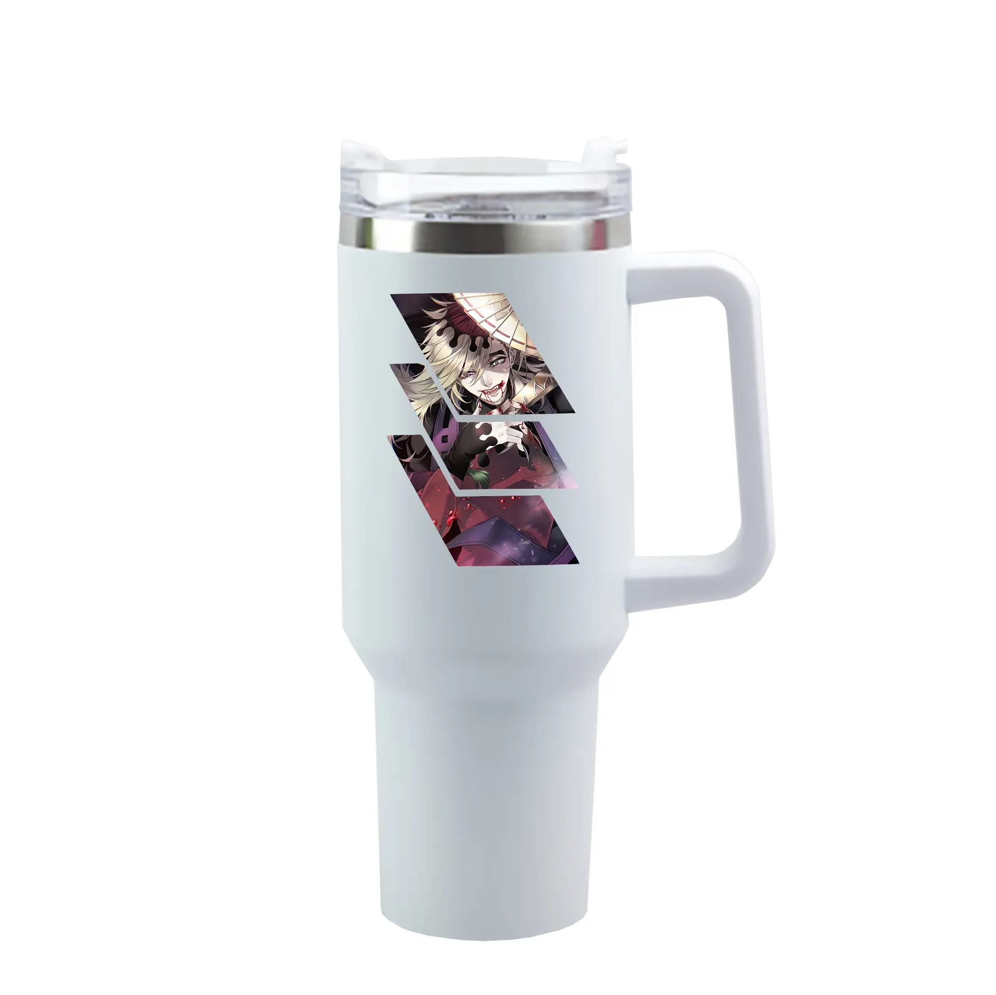 鬼滅の刃 グッズ,童磨 - 1200mL 車用タンブラー ・ クリスタルステッカー ・ 304ステンレス 内側 ・ 201ステンレス 外側 ・ 保温 保冷 ・ ハンドル＆ストロー付き ・ 通勤 ドライブ アウトドア用