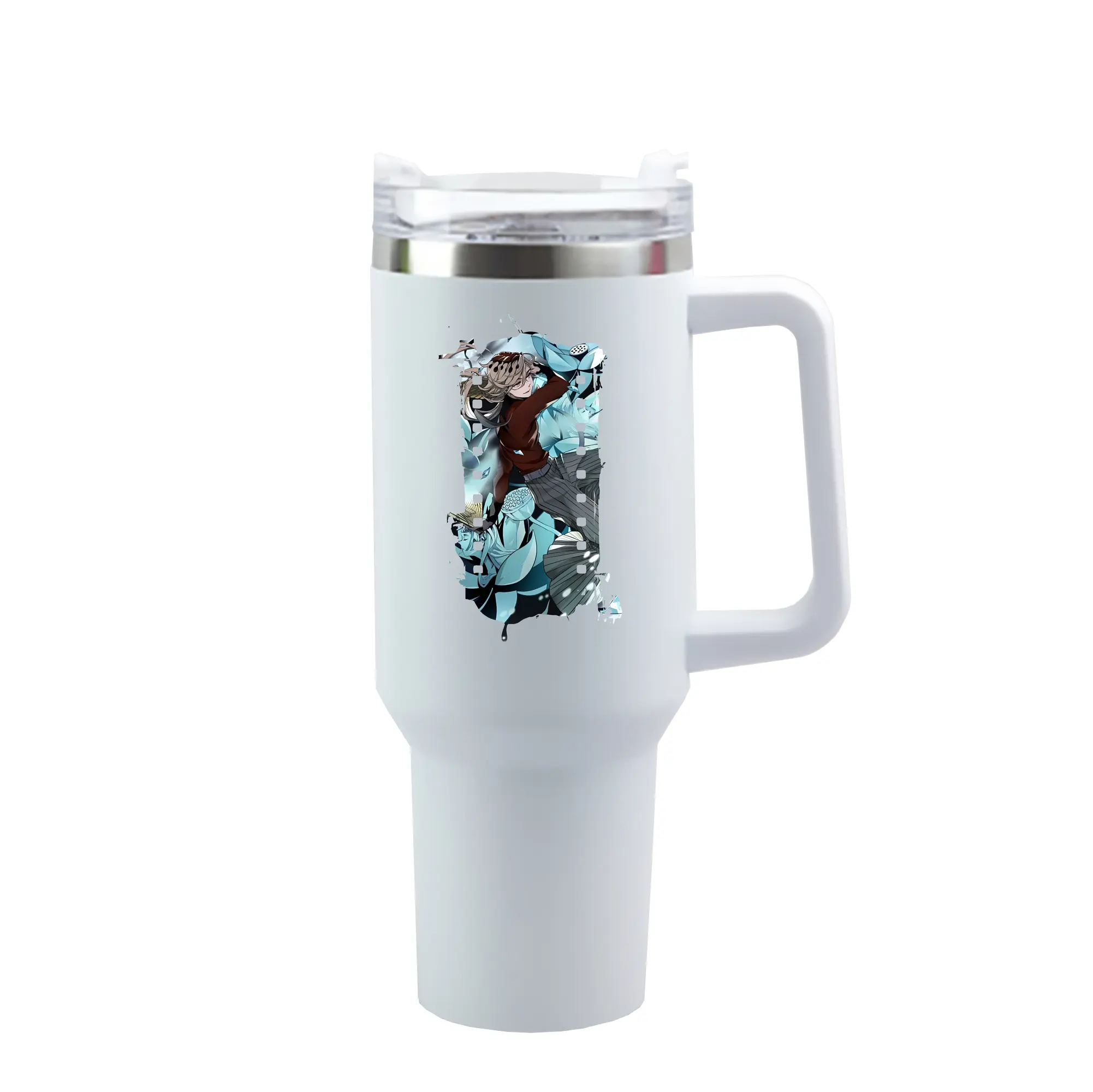 鬼滅の刃 グッズ,童磨 - 1200mL 車用タンブラー ・ クリスタルステッカー ・ 304ステンレス 内側 ・ 201ステンレス 外側 ・ 保温 保冷 ・ ハンドル＆ストロー付き ・ 通勤 ドライブ アウトドア用