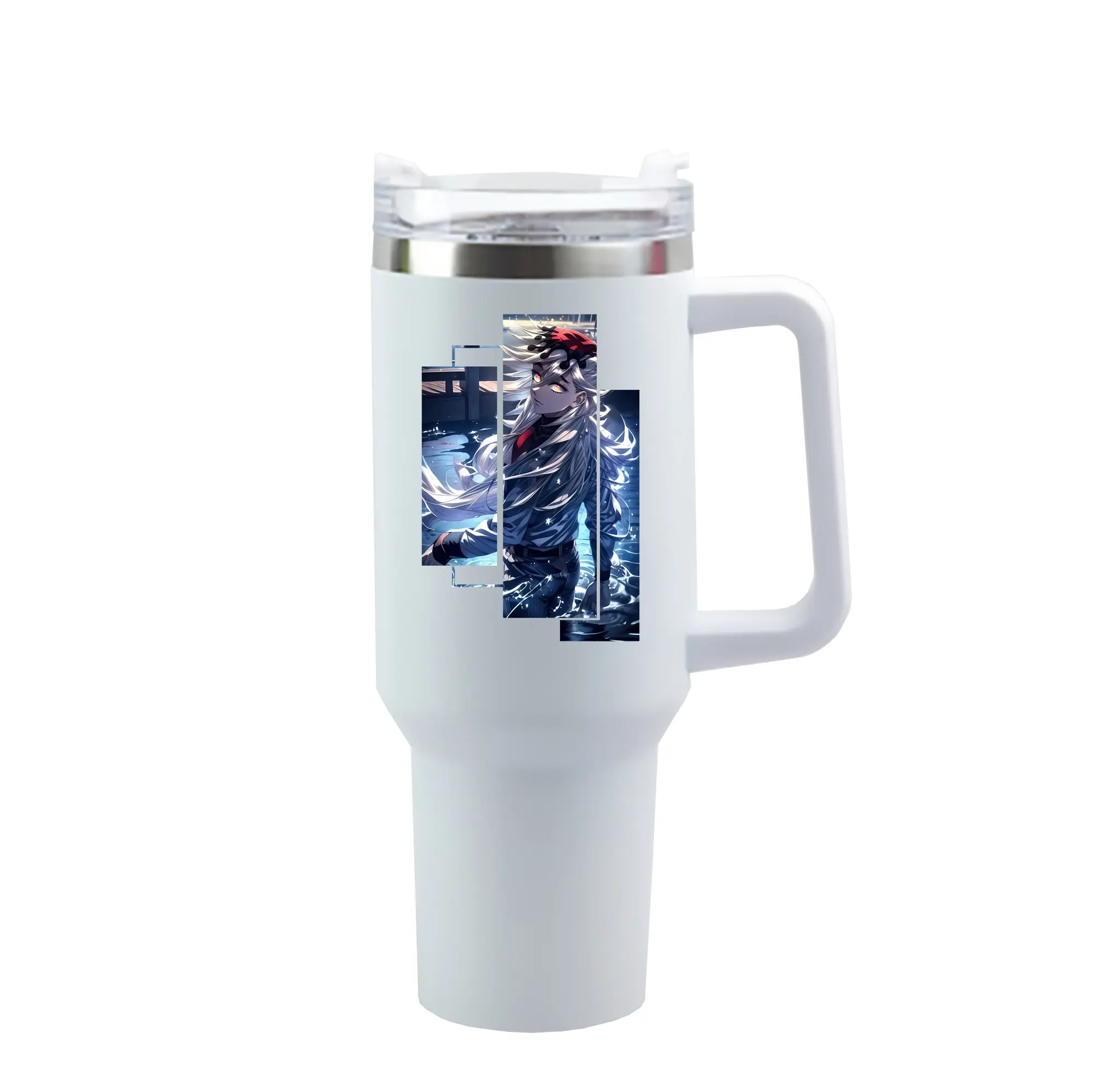 鬼滅の刃 グッズ,童磨 - 1200mL 車用タンブラー ・ クリスタルステッカー ・ 304ステンレス 内側 ・ 201ステンレス 外側 ・ 保温 保冷 ・ ハンドル＆ストロー付き ・ 通勤 ドライブ アウトドア用
