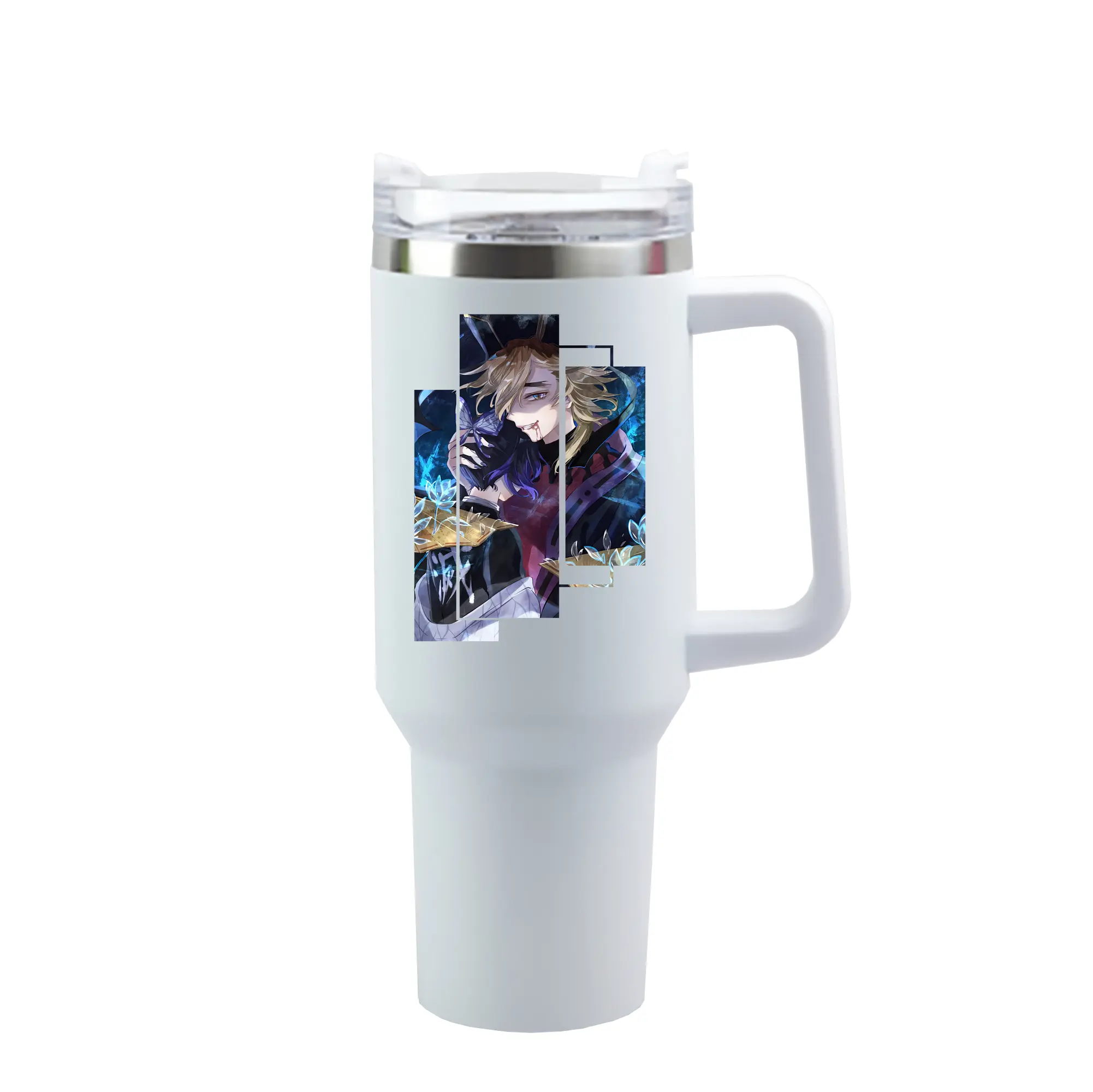 鬼滅の刃 グッズ,童磨 - 1200mL 車用タンブラー ・ クリスタルステッカー ・ 304ステンレス 内側 ・ 201ステンレス 外側 ・ 保温 保冷 ・ ハンドル＆ストロー付き ・ 通勤 ドライブ アウトドア用