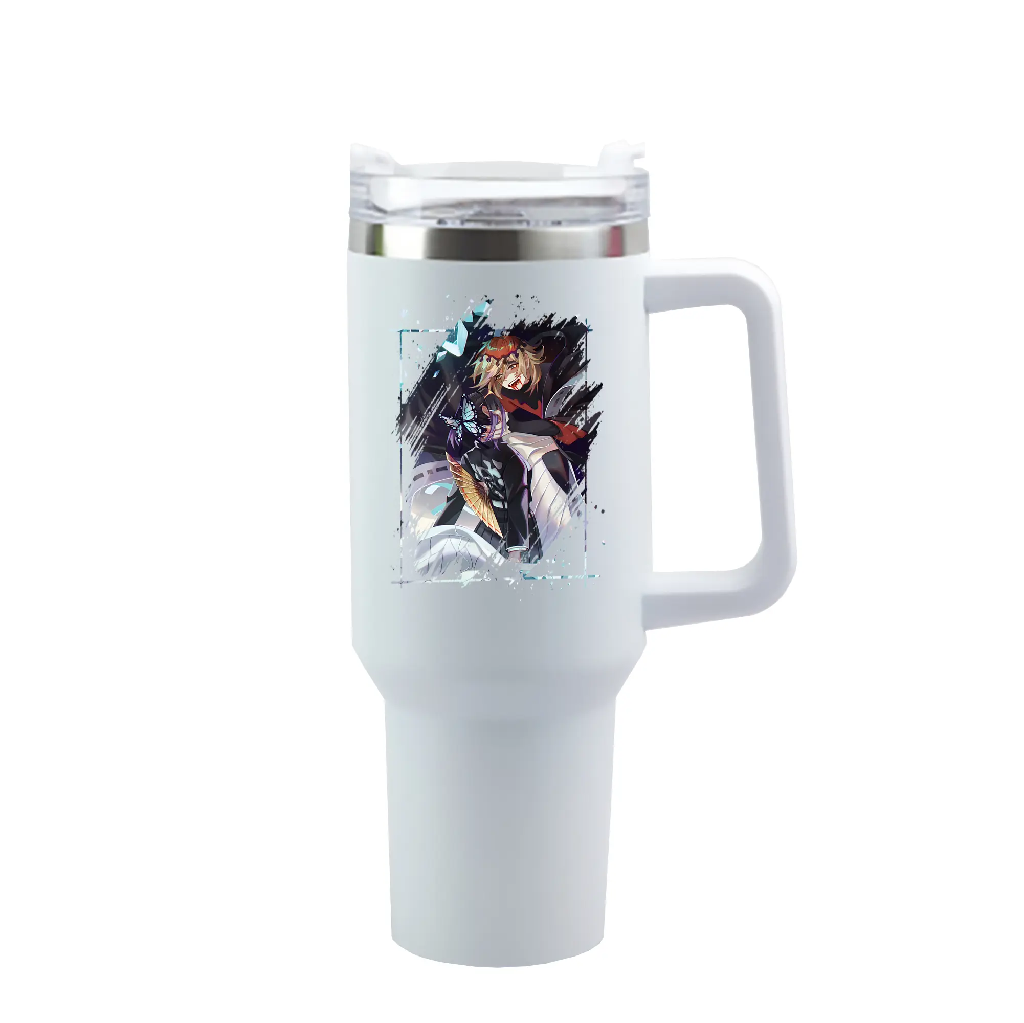 鬼滅の刃 グッズ,童磨 - 1200mL 車用タンブラー ・ クリスタルステッカー ・ 304ステンレス 内側 ・ 201ステンレス 外側 ・ 保温 保冷 ・ ハンドル＆ストロー付き ・ 通勤 ドライブ アウトドア用