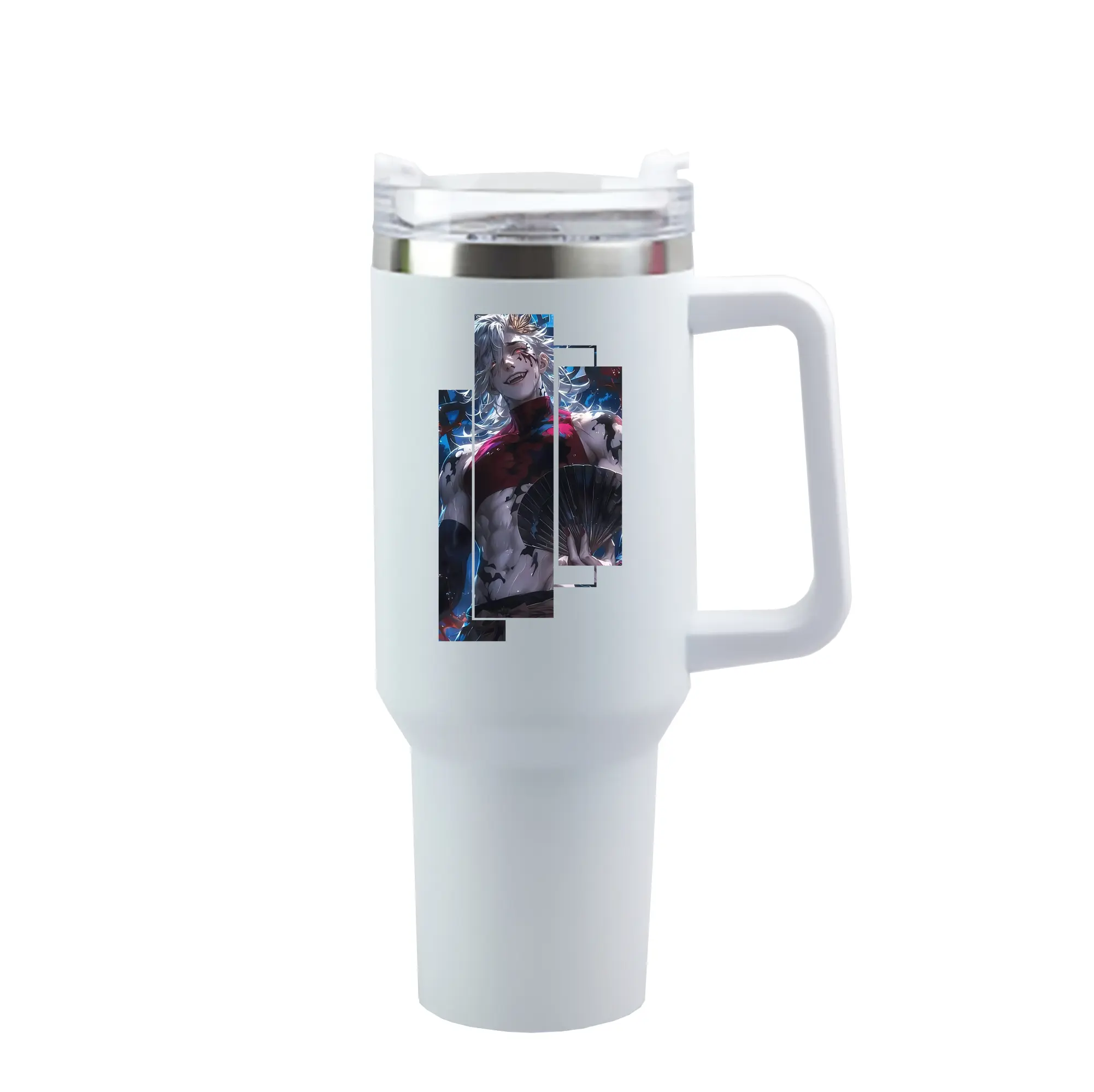 鬼滅の刃 グッズ,童磨 - 1200mL 車用タンブラー ・ クリスタルステッカー ・ 304ステンレス 内側 ・ 201ステンレス 外側 ・ 保温 保冷 ・ ハンドル＆ストロー付き ・ 通勤 ドライブ アウトドア用