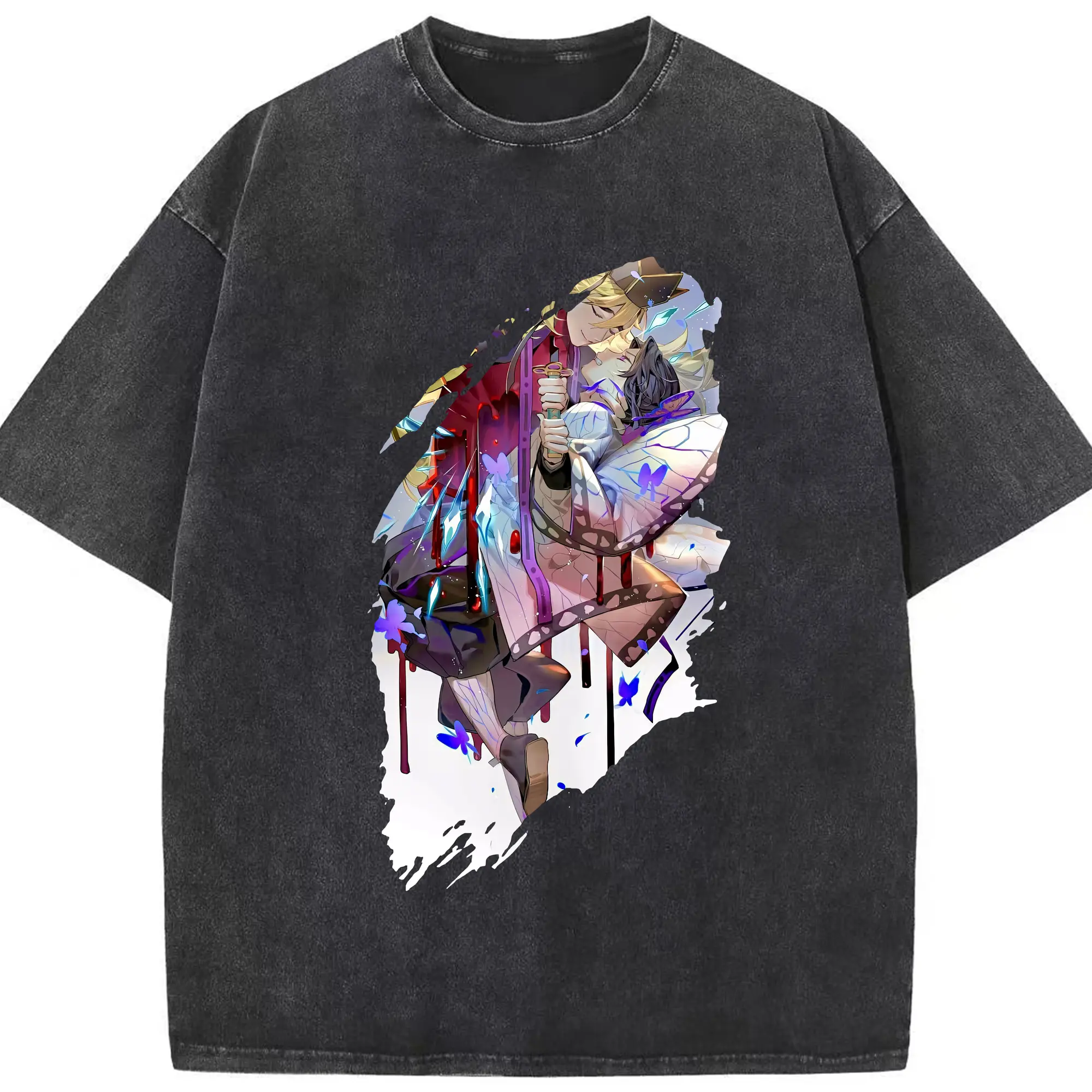 鬼滅の刃 グッズ,童磨 - 綿100％ ヴィンテージ風 半袖Tシャツ ・ フロントプリント ・ 柔らか肌触り ・ 通気性 快適 ・ スポーツ カジュアル 外出用