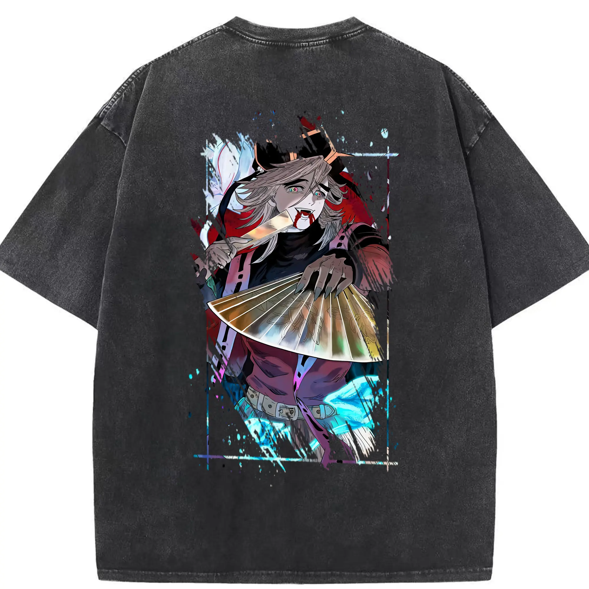 鬼滅の刃 グッズ,童磨 - 綿100％ ヴィンテージ風 半袖Tシャツ ・ 背面プリント ・ 柔らか肌触り ・ 通気性 快適 ・ スポーツ カジュアル 外出用