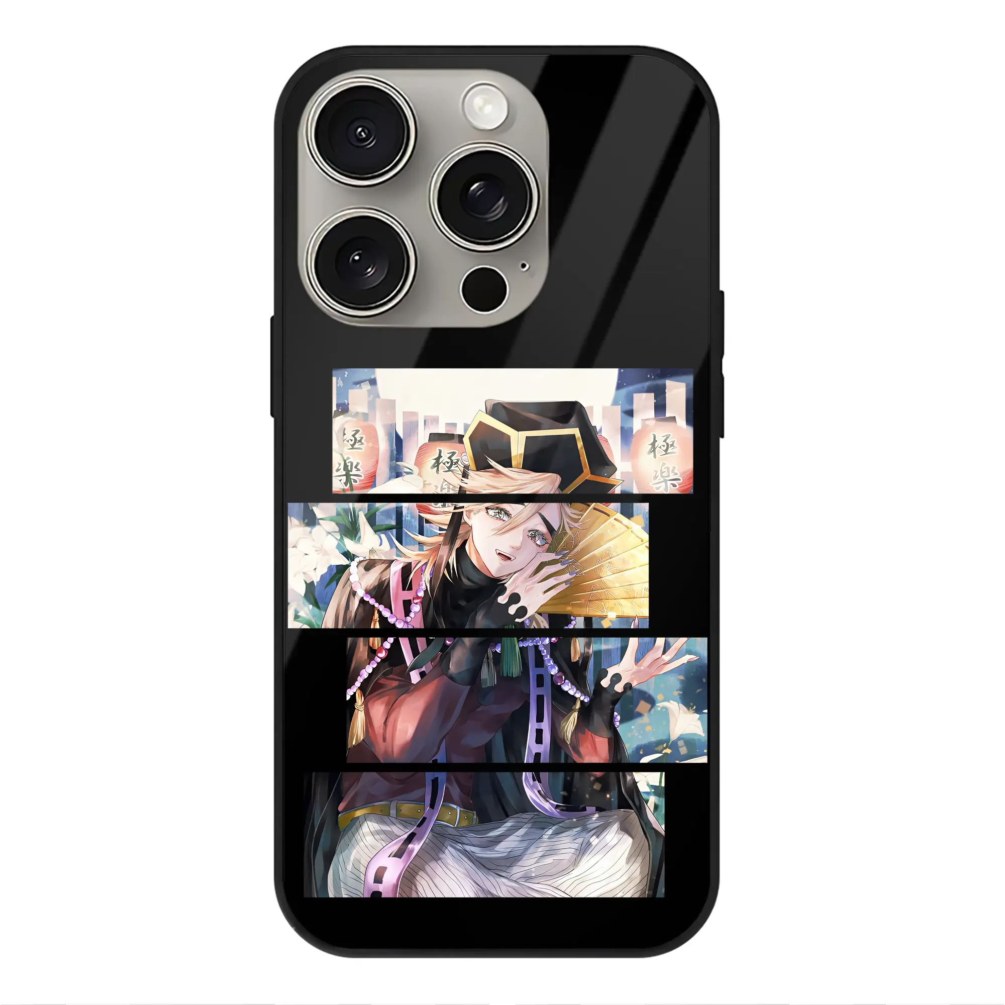 鬼滅の刃 グッズ,童磨 - IPhone15Pro対応 ・ スマホケース ・ 背面ガラス ・ TPU+強化ガラス ・ 耐衝撃 ・ 黄変防止 ・ ワイヤレス充電対応 ・ 3D立体ボタン