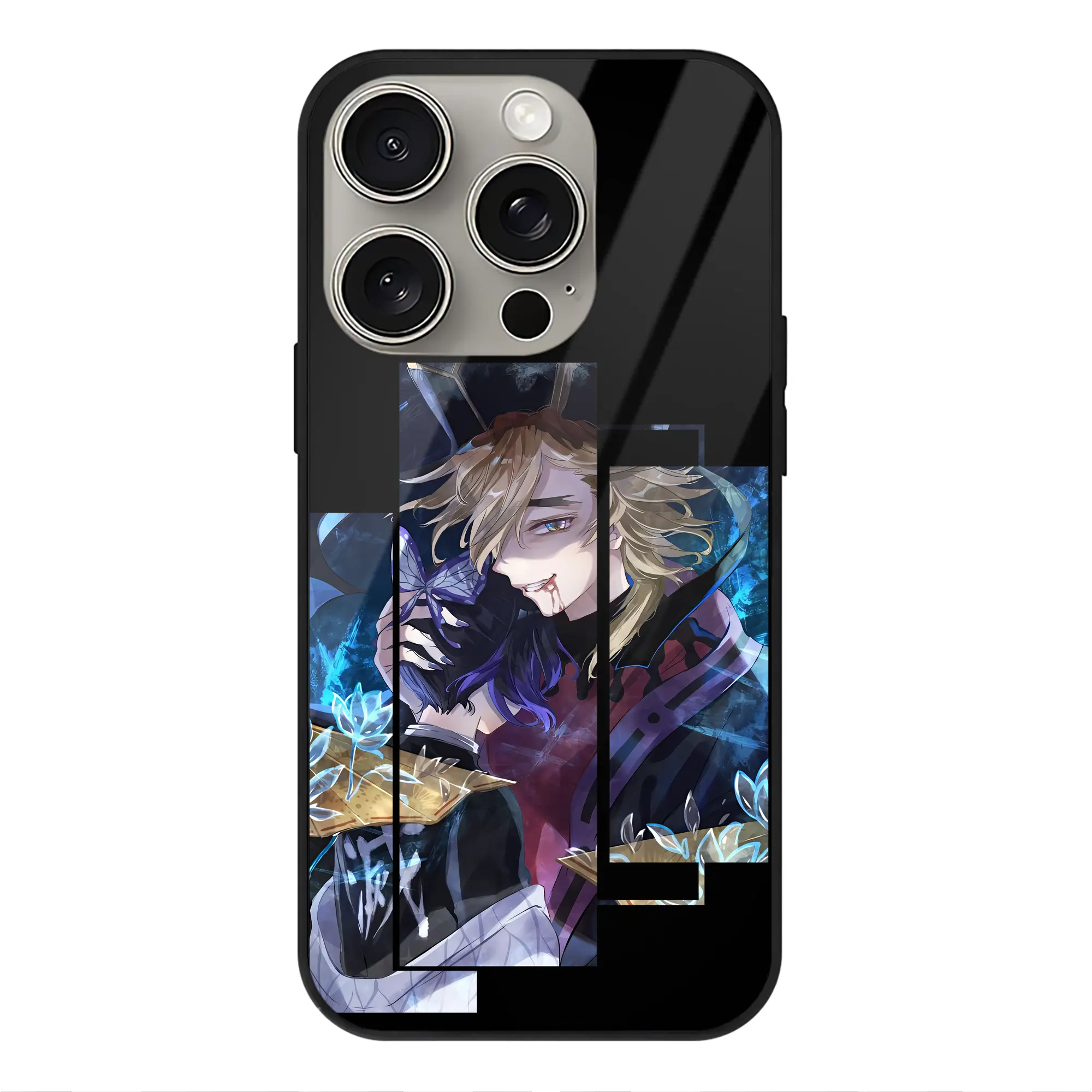 鬼滅の刃 グッズ,童磨 - IPhone15Pro対応 ・ スマホケース ・ 背面ガラス ・ TPU+強化ガラス ・ 耐衝撃 ・ 黄変防止 ・ ワイヤレス充電対応 ・ 3D立体ボタン