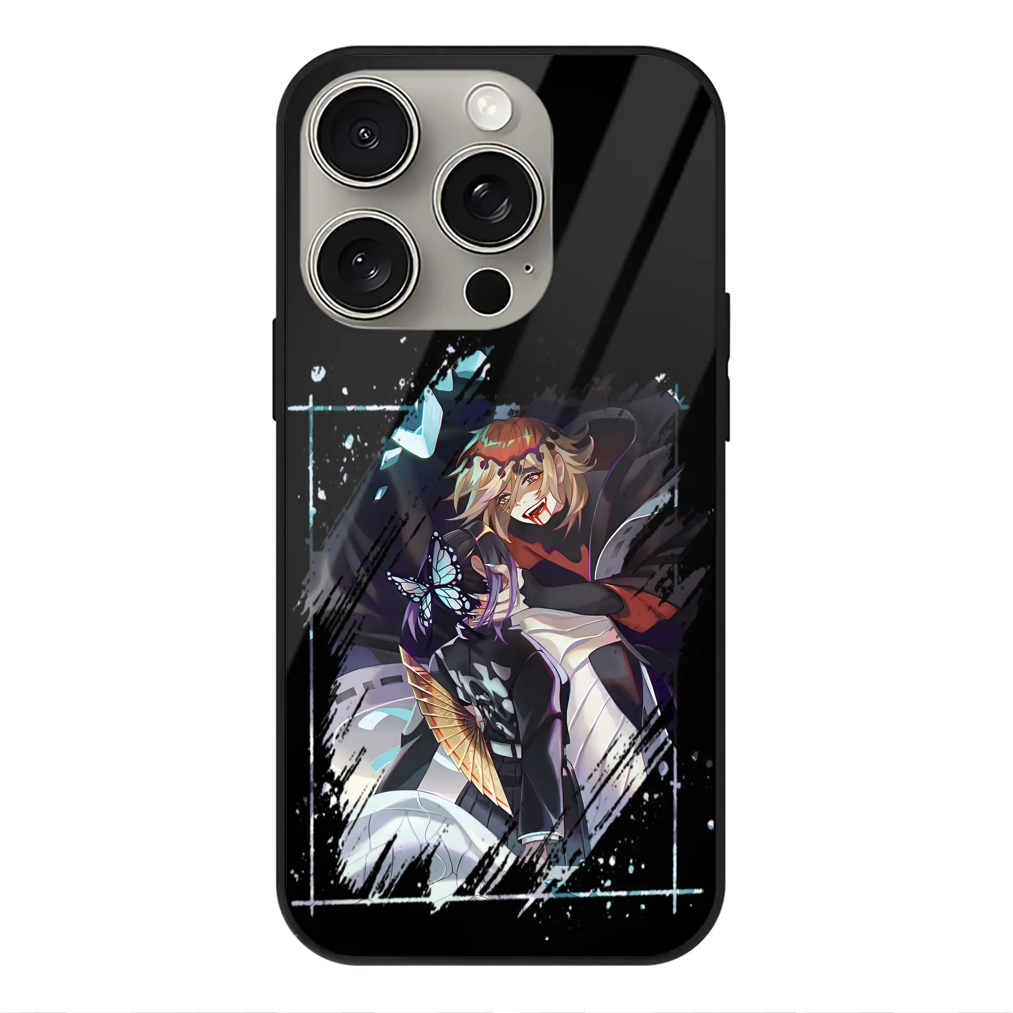 鬼滅の刃 グッズ,童磨 - IPhone15Pro対応 ・ スマホケース ・ 背面ガラス ・ TPU+強化ガラス ・ 耐衝撃 ・ 黄変防止 ・ ワイヤレス充電対応 ・ 3D立体ボタン