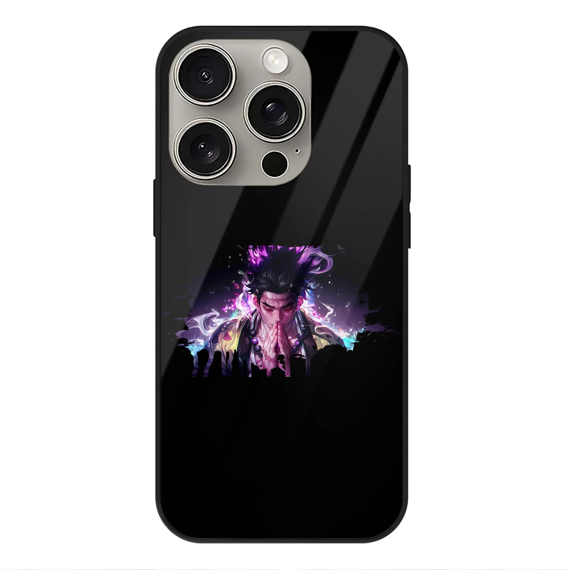 鬼滅の刃 グッズ,悲鳴嶼 行冥 - IPhone15Pro対応 ・ スマホケース ・ 背面ガラス ・ TPU+強化ガラス ・ 耐衝撃 ・ 黄変防止 ・ ワイヤレス充電対応 ・ 3D立体ボタン