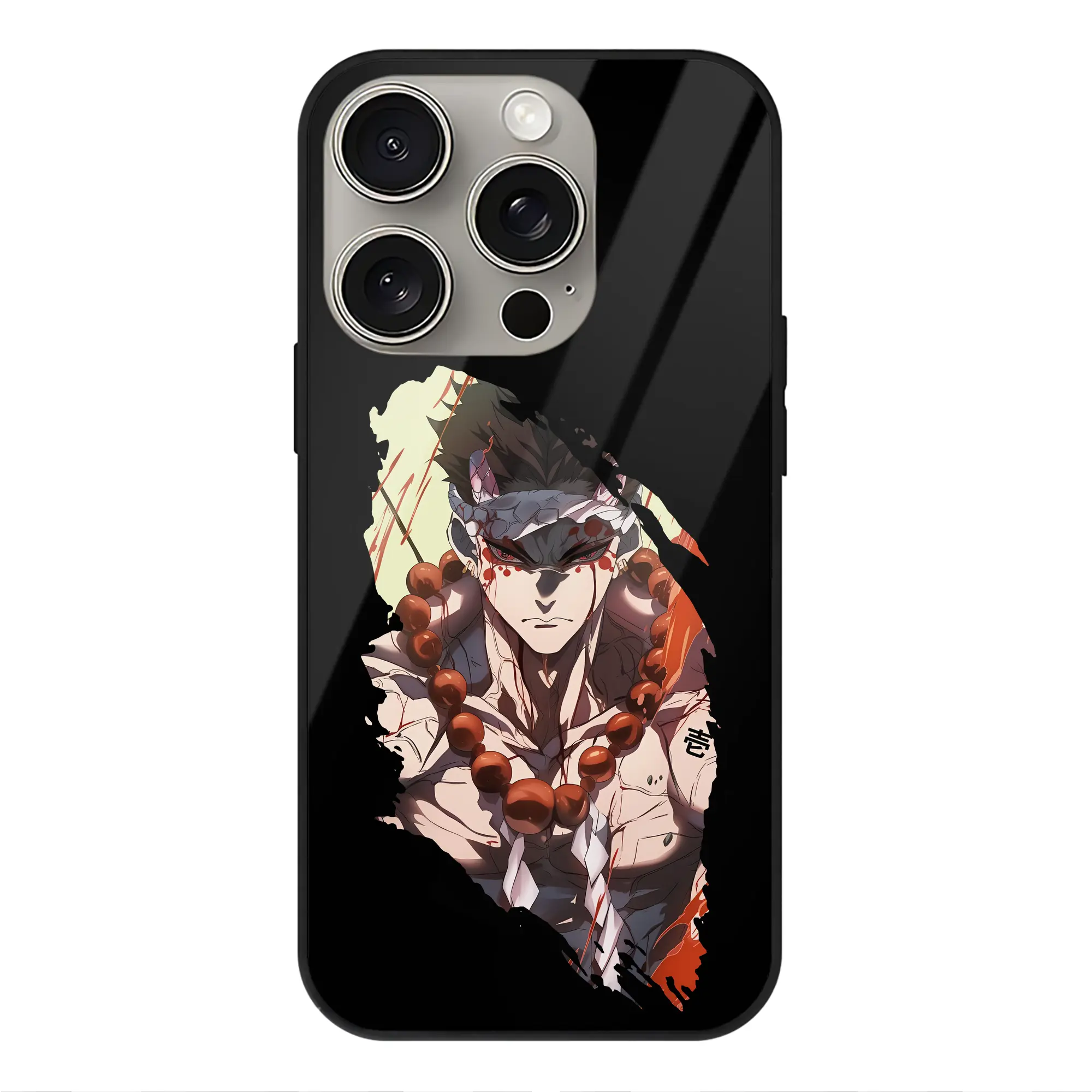 鬼滅の刃 グッズ,悲鳴嶼 行冥 - IPhone15Pro対応 ・ スマホケース ・ 背面ガラス ・ TPU+強化ガラス ・ 耐衝撃 ・ 黄変防止 ・ ワイヤレス充電対応 ・ 3D立体ボタン