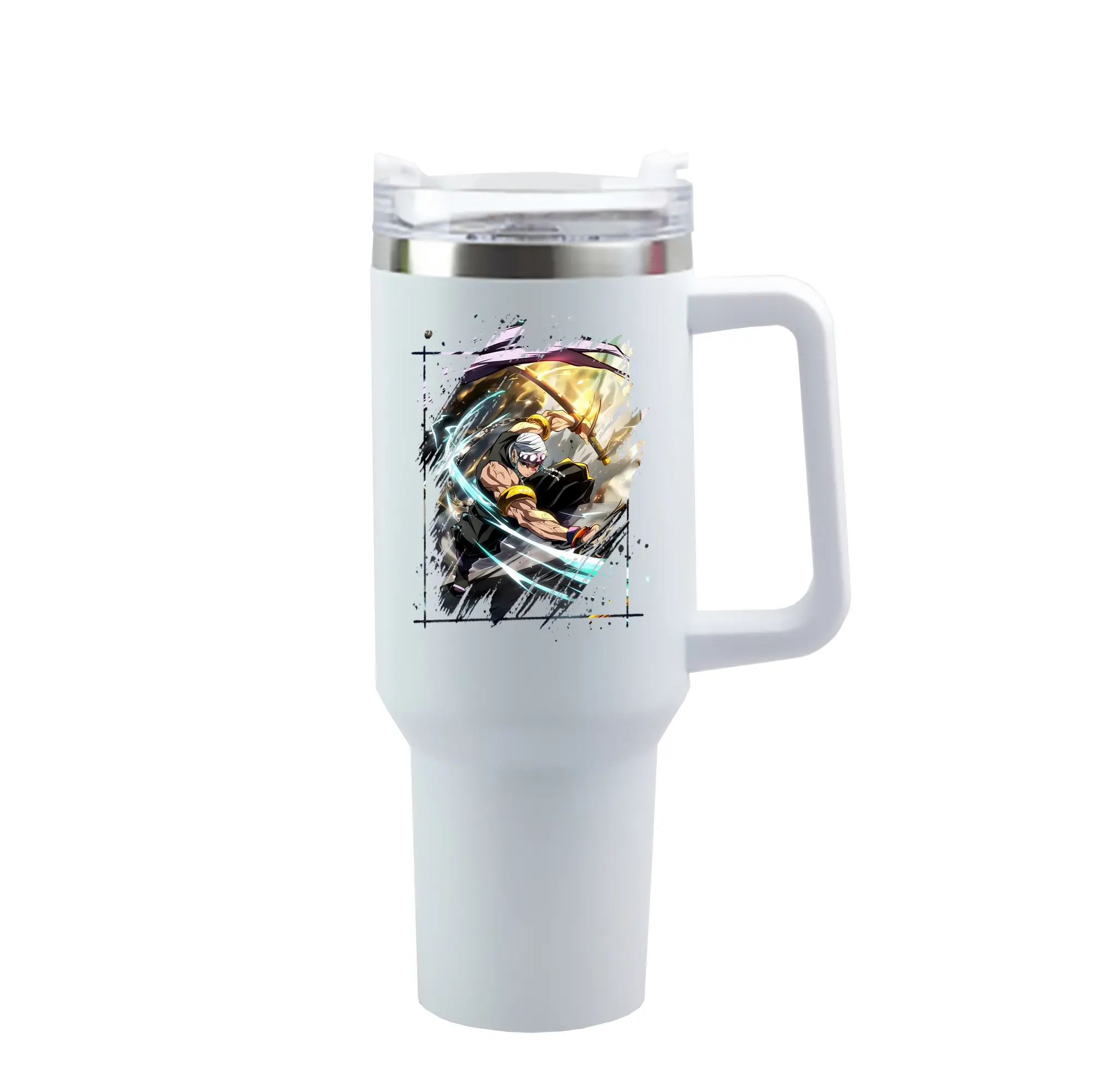 鬼滅の刃 グッズ,宇髄 天元 - 1200mL 車用タンブラー ・ クリスタルステッカー ・ 304ステンレス 内側 ・ 201ステンレス 外側 ・ 保温 保冷 ・ ハンドル＆ストロー付き ・ 通勤 ドライブ アウトドア用