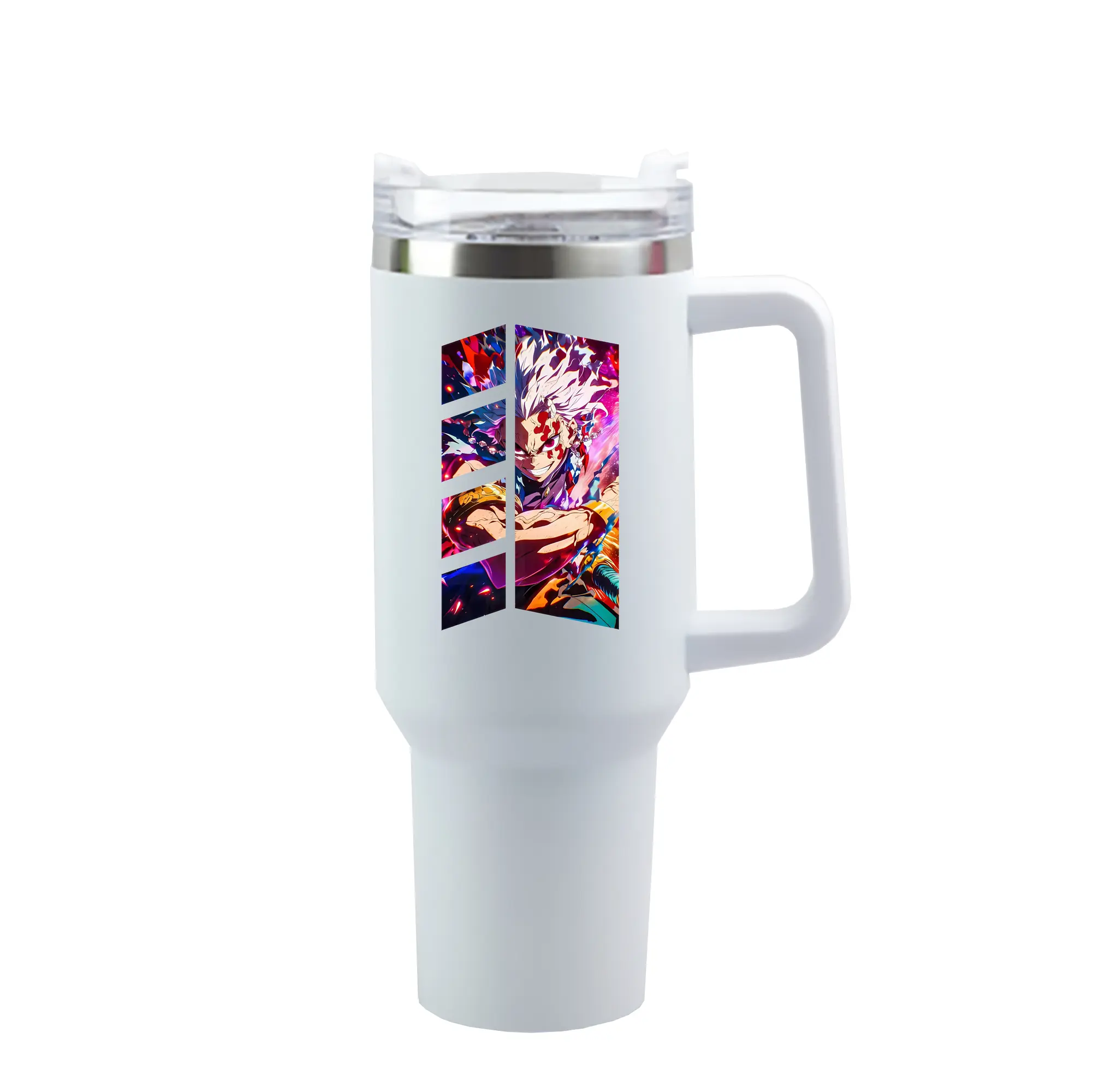 鬼滅の刃 グッズ,宇髄 天元 - 1200mL 車用タンブラー ・ クリスタルステッカー ・ 304ステンレス 内側 ・ 201ステンレス 外側 ・ 保温 保冷 ・ ハンドル＆ストロー付き ・ 通勤 ドライブ アウトドア用