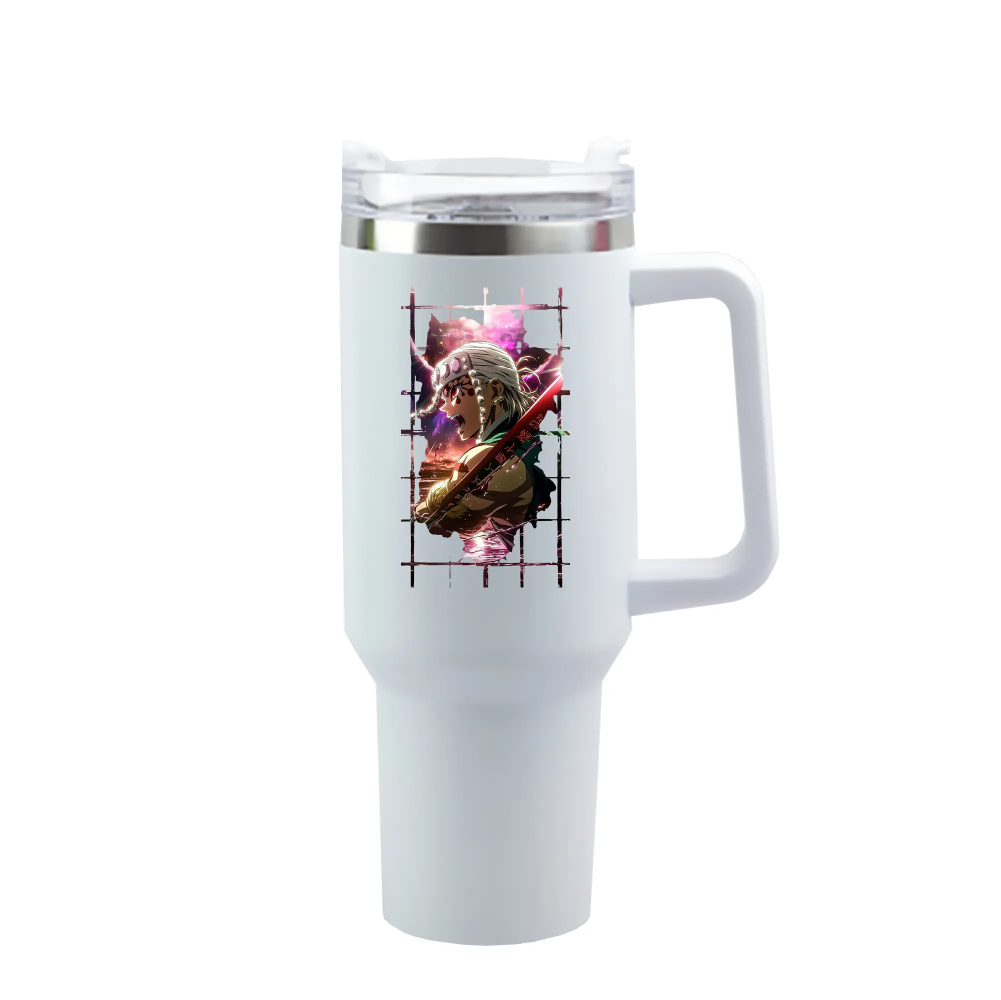 鬼滅の刃 グッズ,宇髄 天元 - 1200mL 車用タンブラー ・ クリスタルステッカー ・ 304ステンレス 内側 ・ 201ステンレス 外側 ・ 保温 保冷 ・ ハンドル＆ストロー付き ・ 通勤 ドライブ アウトドア用