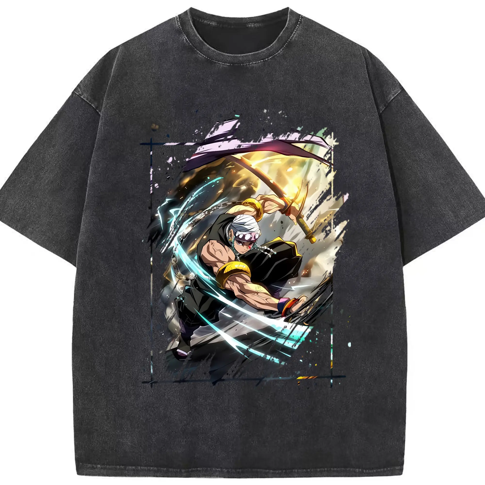 鬼滅の刃 グッズ,宇髄 天元 - 綿100％ ヴィンテージ風 半袖Tシャツ ・ フロントプリント ・ 柔らか肌触り ・ 通気性 快適 ・ スポーツ カジュアル 外出用