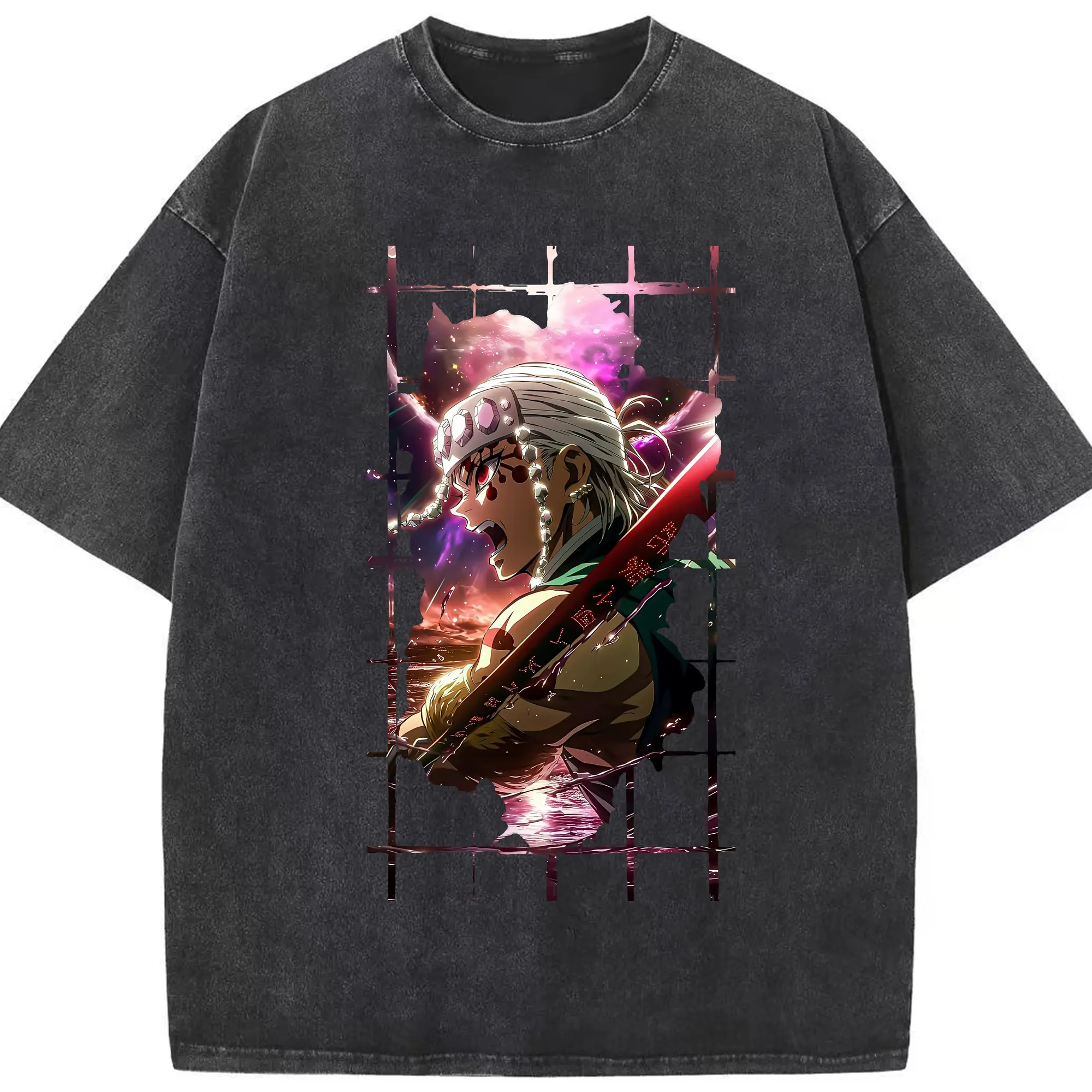 鬼滅の刃 グッズ,宇髄 天元 - 綿100％ ヴィンテージ風 半袖Tシャツ ・ フロントプリント ・ 柔らか肌触り ・ 通気性 快適 ・ スポーツ カジュアル 外出用