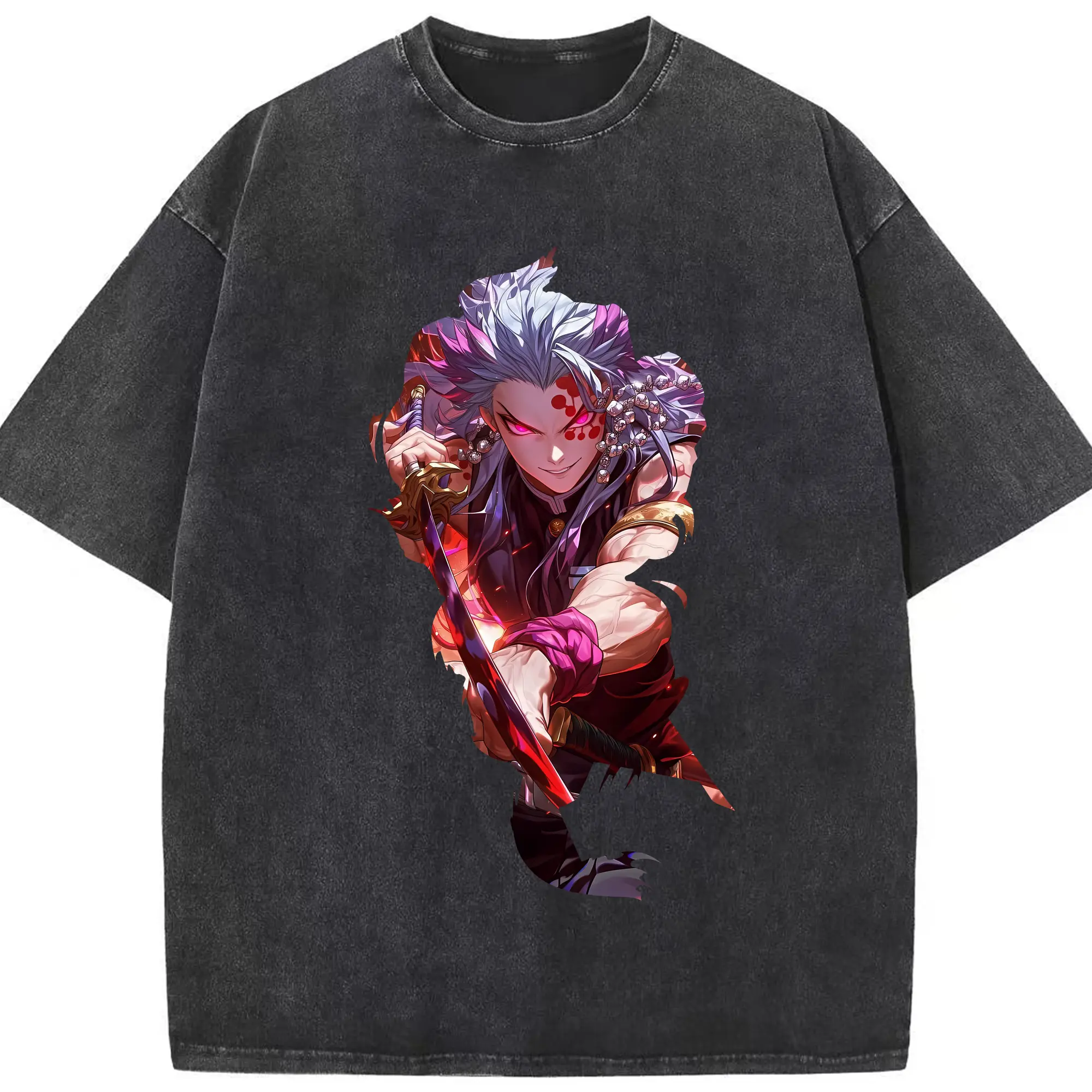 鬼滅の刃 グッズ,宇髄 天元 - 綿100％ ヴィンテージ風 半袖Tシャツ ・ フロントプリント ・ 柔らか肌触り ・ 通気性 快適 ・ スポーツ カジュアル 外出用