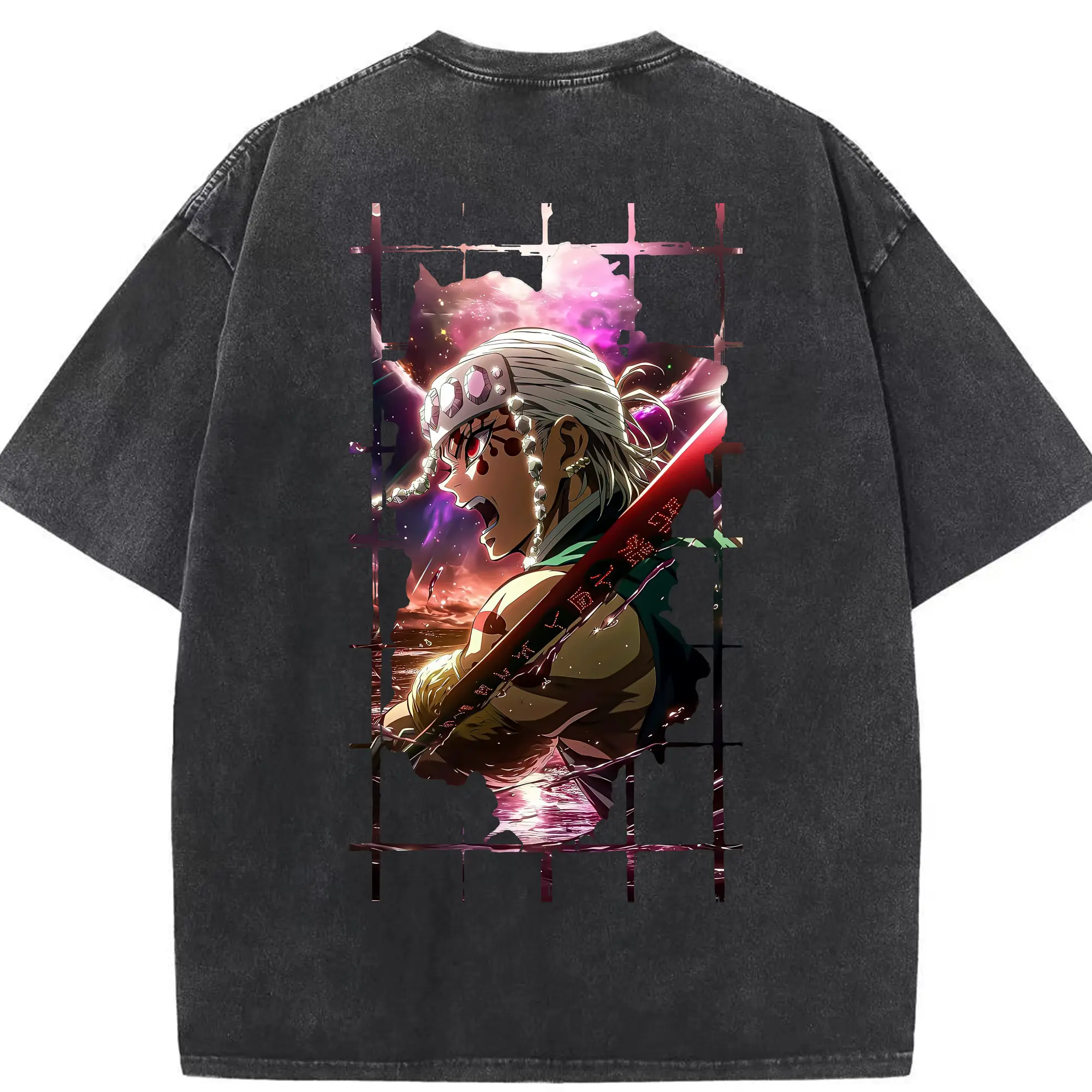 鬼滅の刃 グッズ,宇髄 天元 - 綿100％ ヴィンテージ風 半袖Tシャツ ・ 背面プリント ・ 柔らか肌触り ・ 通気性 快適 ・ スポーツ カジュアル 外出用