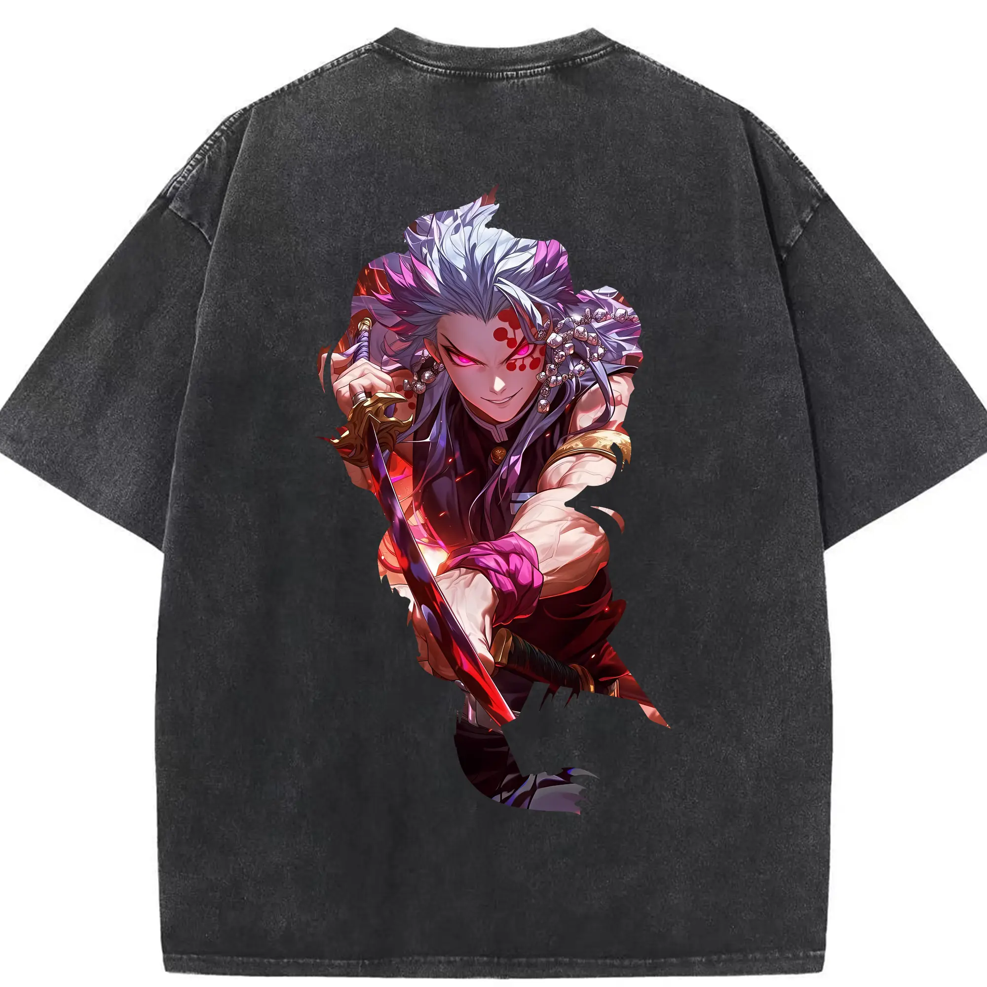 鬼滅の刃 グッズ,宇髄 天元 - 綿100％ ヴィンテージ風 半袖Tシャツ ・ 背面プリント ・ 柔らか肌触り ・ 通気性 快適 ・ スポーツ カジュアル 外出用