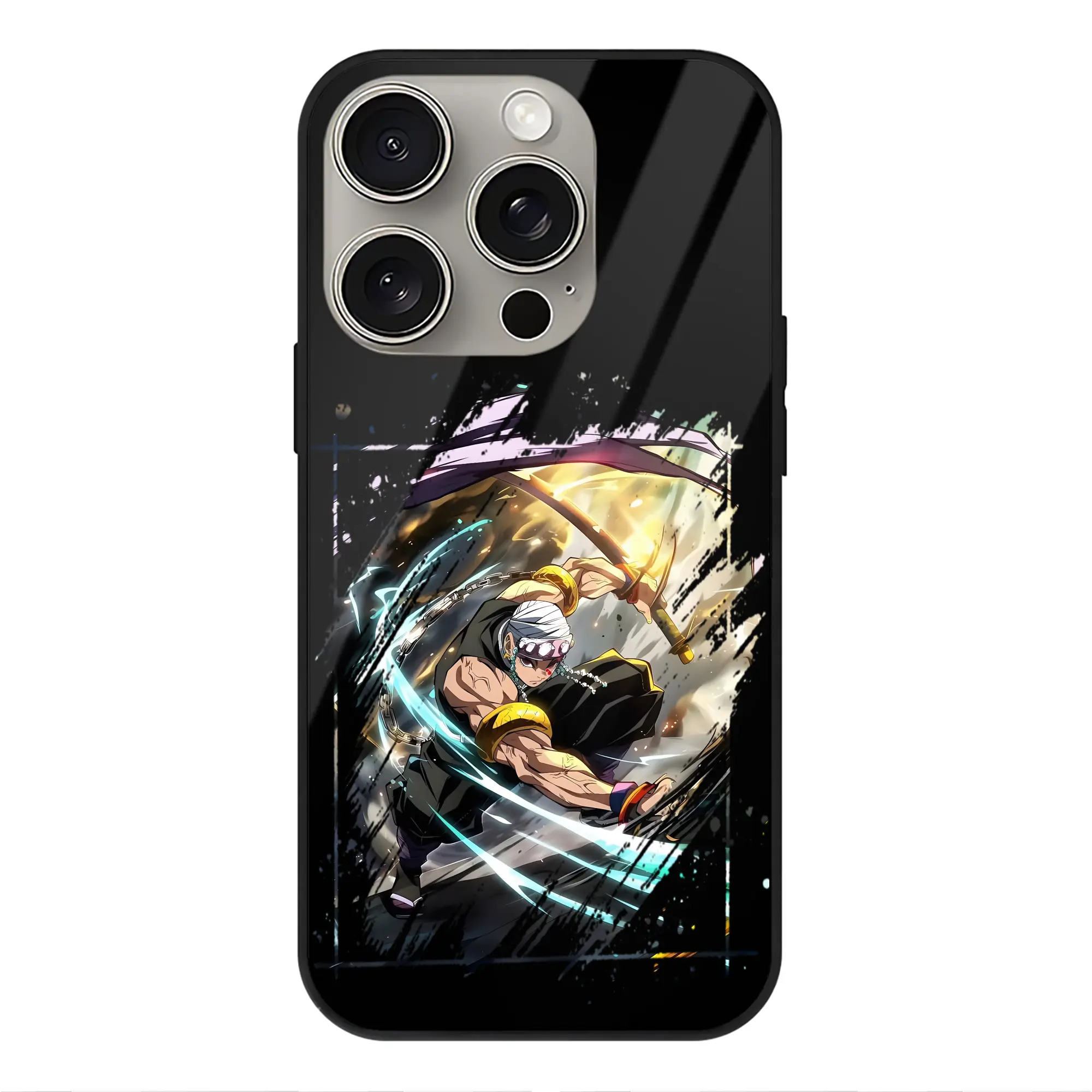 鬼滅の刃 グッズ,宇髄 天元 - IPhone15Pro対応 ・ スマホケース ・ 背面ガラス ・ TPU+強化ガラス ・ 耐衝撃 ・ 黄変防止 ・ ワイヤレス充電対応 ・ 3D立体ボタン