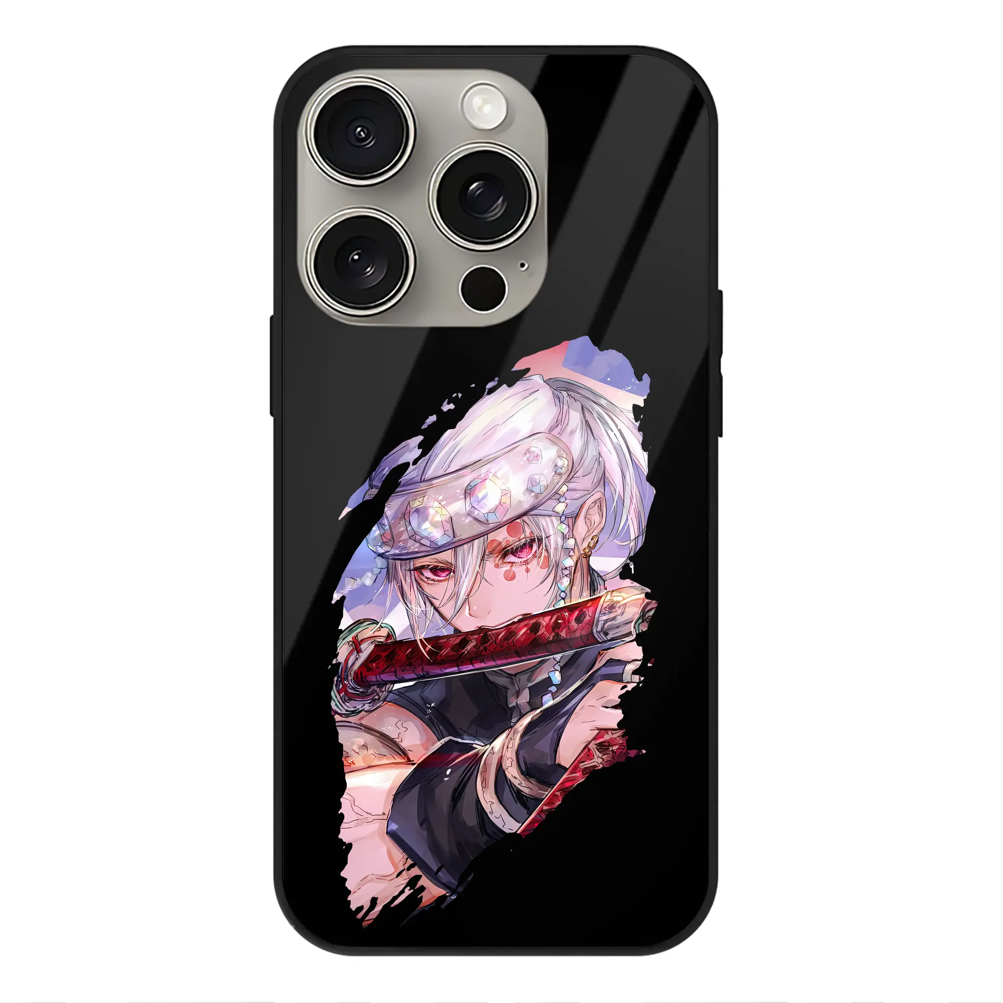 鬼滅の刃 グッズ,宇髄 天元 - IPhone15Pro対応 ・ スマホケース ・ 背面ガラス ・ TPU+強化ガラス ・ 耐衝撃 ・ 黄変防止 ・ ワイヤレス充電対応 ・ 3D立体ボタン