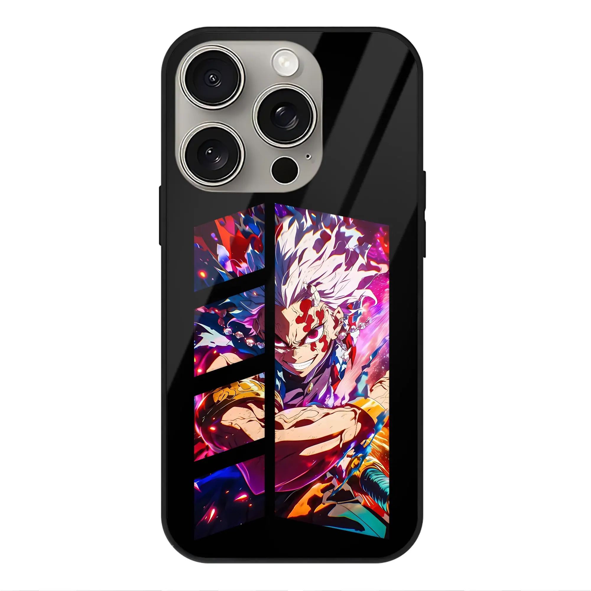 鬼滅の刃 グッズ,宇髄 天元 - IPhone15Pro対応 ・ スマホケース ・ 背面ガラス ・ TPU+強化ガラス ・ 耐衝撃 ・ 黄変防止 ・ ワイヤレス充電対応 ・ 3D立体ボタン