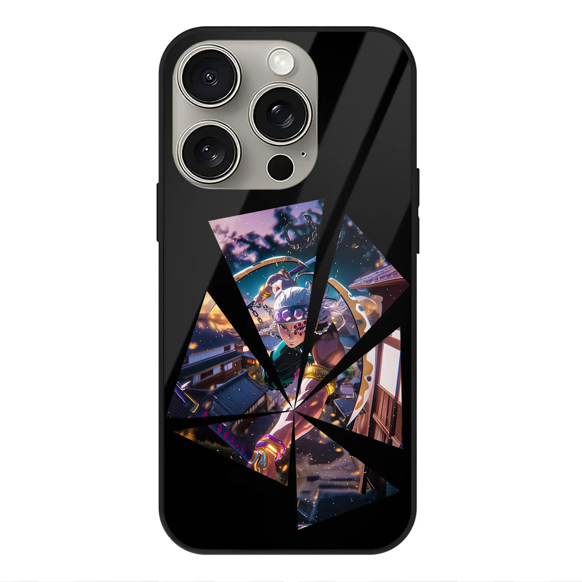 鬼滅の刃 グッズ,宇髄 天元 - IPhone15Pro対応 ・ スマホケース ・ 背面ガラス ・ TPU+強化ガラス ・ 耐衝撃 ・ 黄変防止 ・ ワイヤレス充電対応 ・ 3D立体ボタン