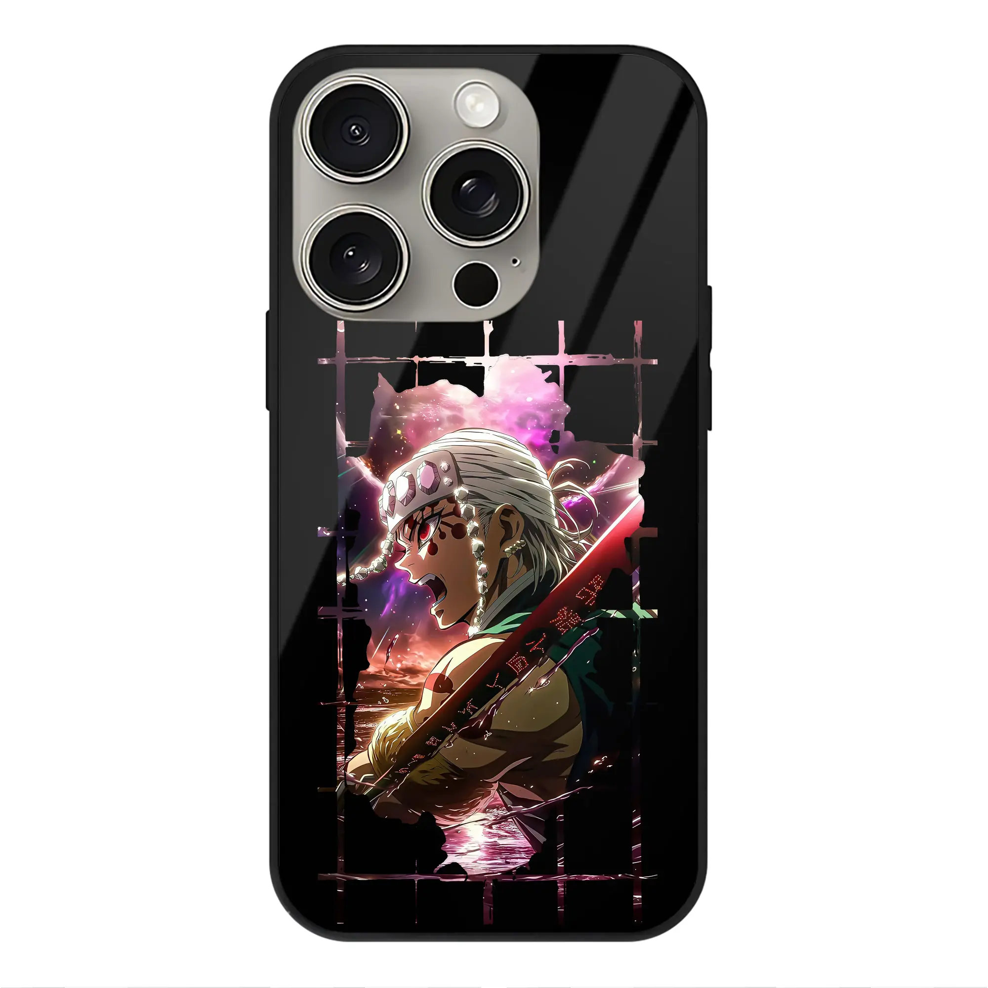 鬼滅の刃 グッズ,宇髄 天元 - IPhone15Pro対応 ・ スマホケース ・ 背面ガラス ・ TPU+強化ガラス ・ 耐衝撃 ・ 黄変防止 ・ ワイヤレス充電対応 ・ 3D立体ボタン