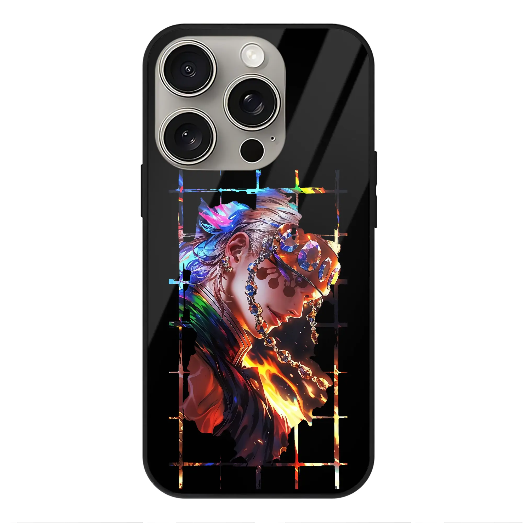 鬼滅の刃 グッズ,宇髄 天元 - IPhone15Pro対応 ・ スマホケース ・ 背面ガラス ・ TPU+強化ガラス ・ 耐衝撃 ・ 黄変防止 ・ ワイヤレス充電対応 ・ 3D立体ボタン