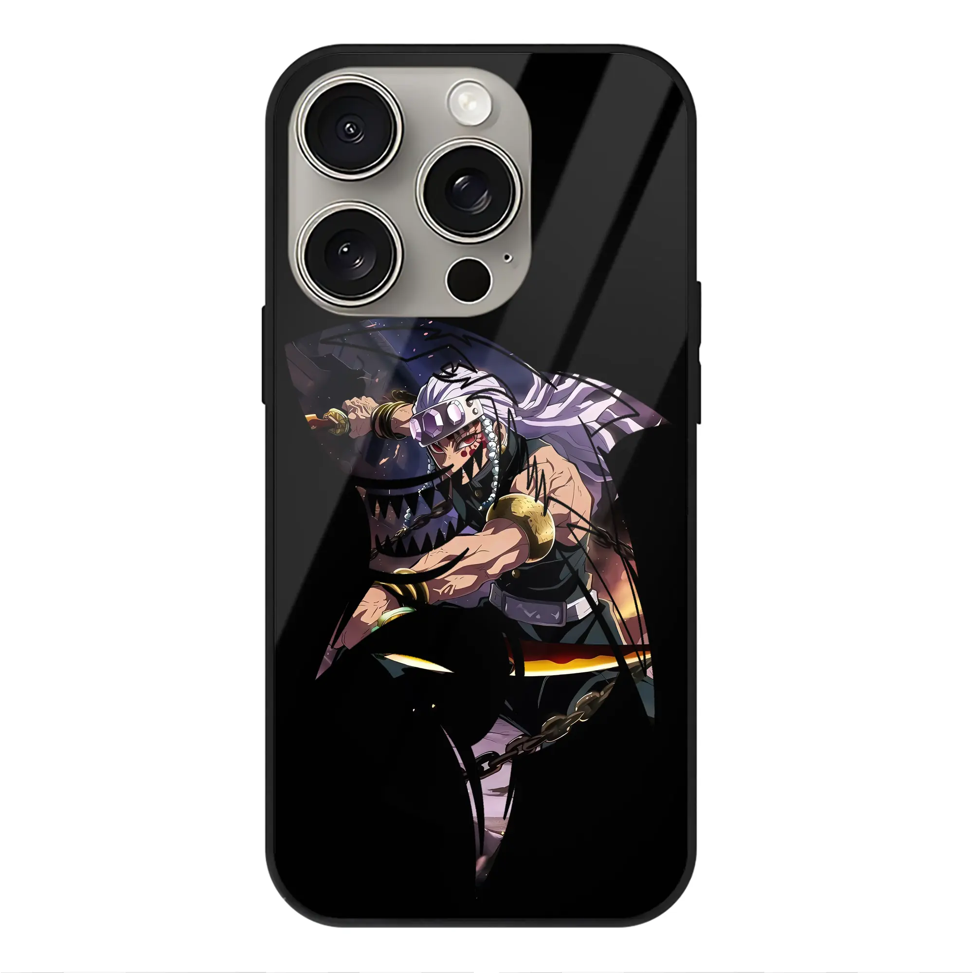 鬼滅の刃 グッズ,宇髄 天元 - IPhone15Pro対応 ・ スマホケース ・ 背面ガラス ・ TPU+強化ガラス ・ 耐衝撃 ・ 黄変防止 ・ ワイヤレス充電対応 ・ 3D立体ボタン