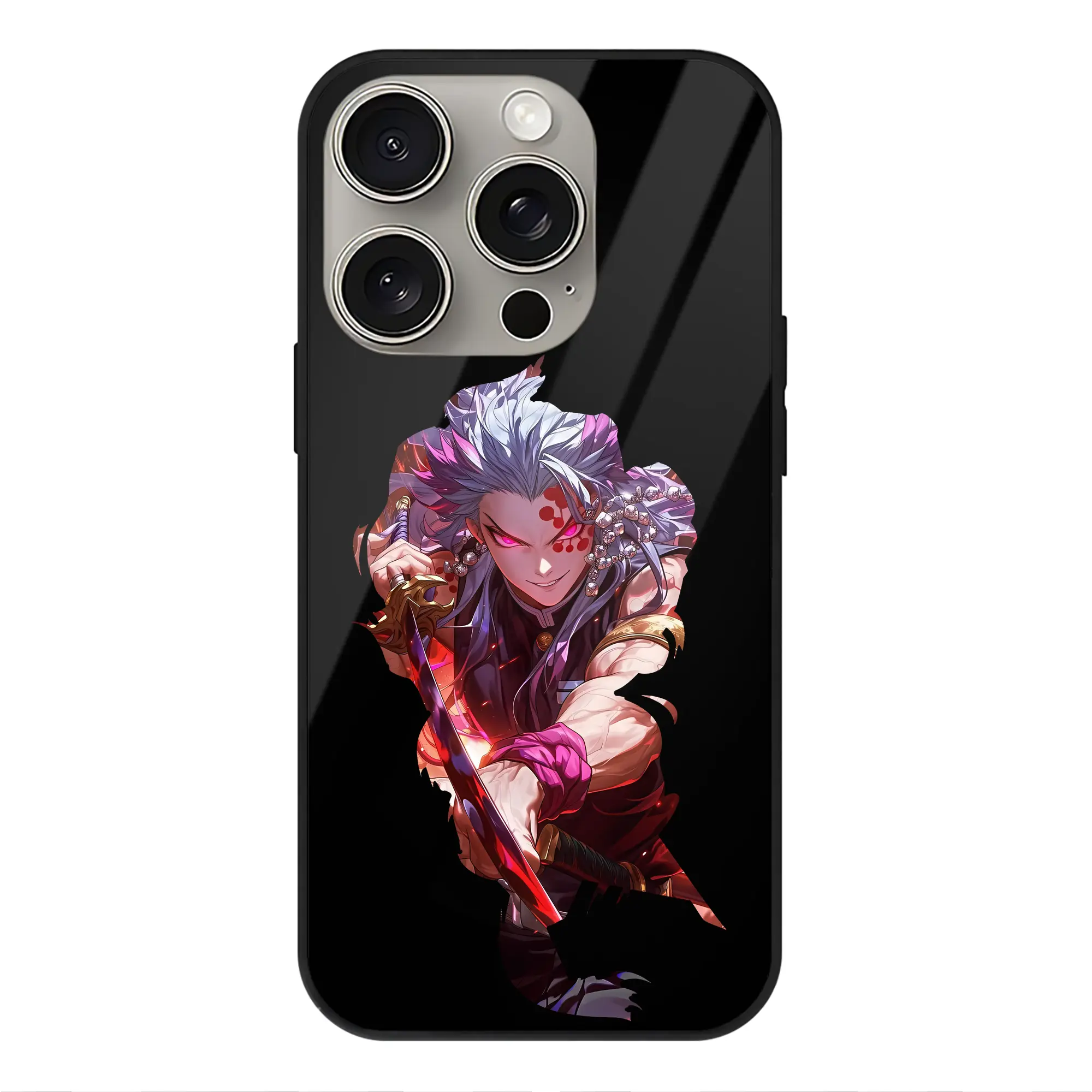 鬼滅の刃 グッズ,宇髄 天元 - IPhone15Pro対応 ・ スマホケース ・ 背面ガラス ・ TPU+強化ガラス ・ 耐衝撃 ・ 黄変防止 ・ ワイヤレス充電対応 ・ 3D立体ボタン