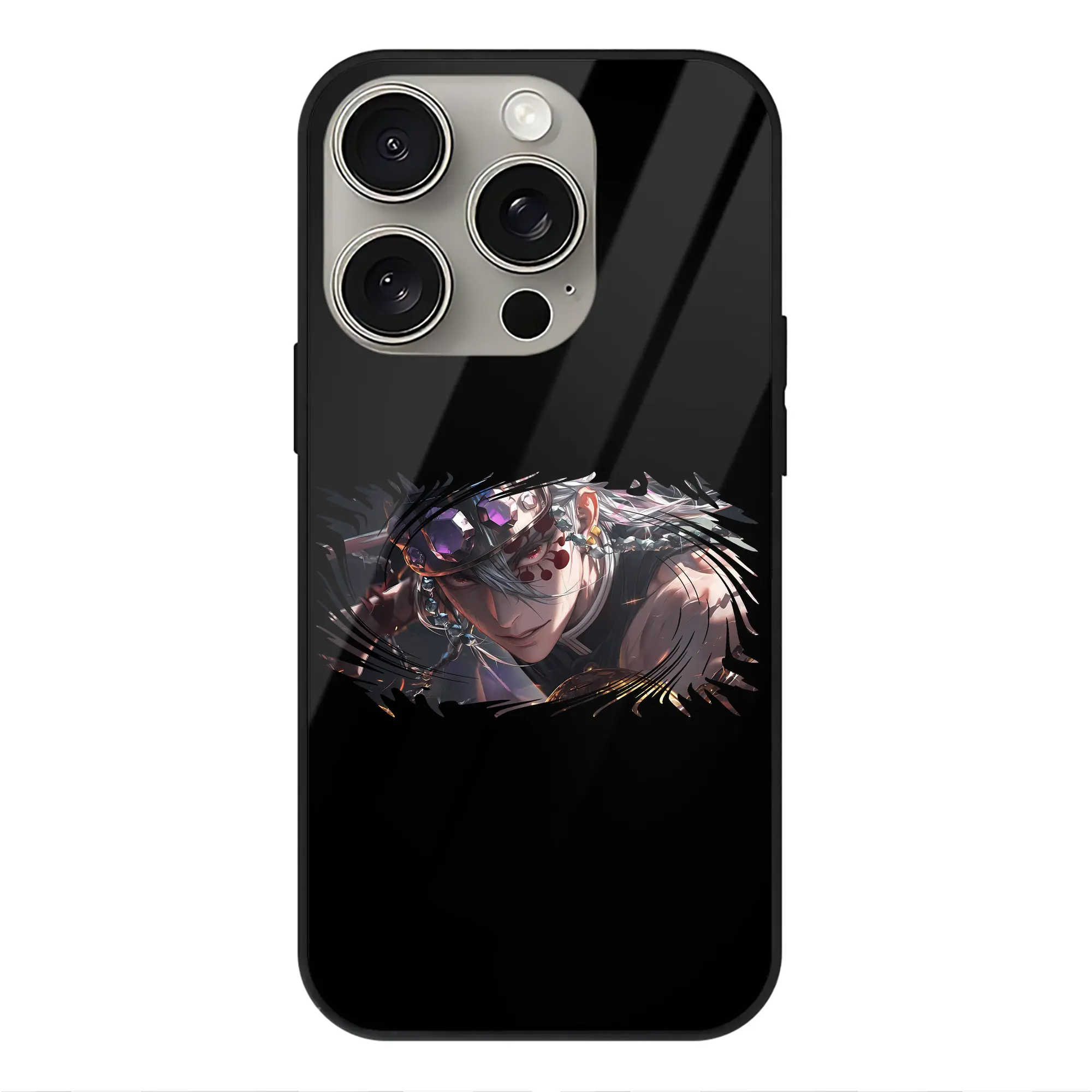 鬼滅の刃 グッズ,宇髄 天元 - IPhone15Pro対応 ・ スマホケース ・ 背面ガラス ・ TPU+強化ガラス ・ 耐衝撃 ・ 黄変防止 ・ ワイヤレス充電対応 ・ 3D立体ボタン