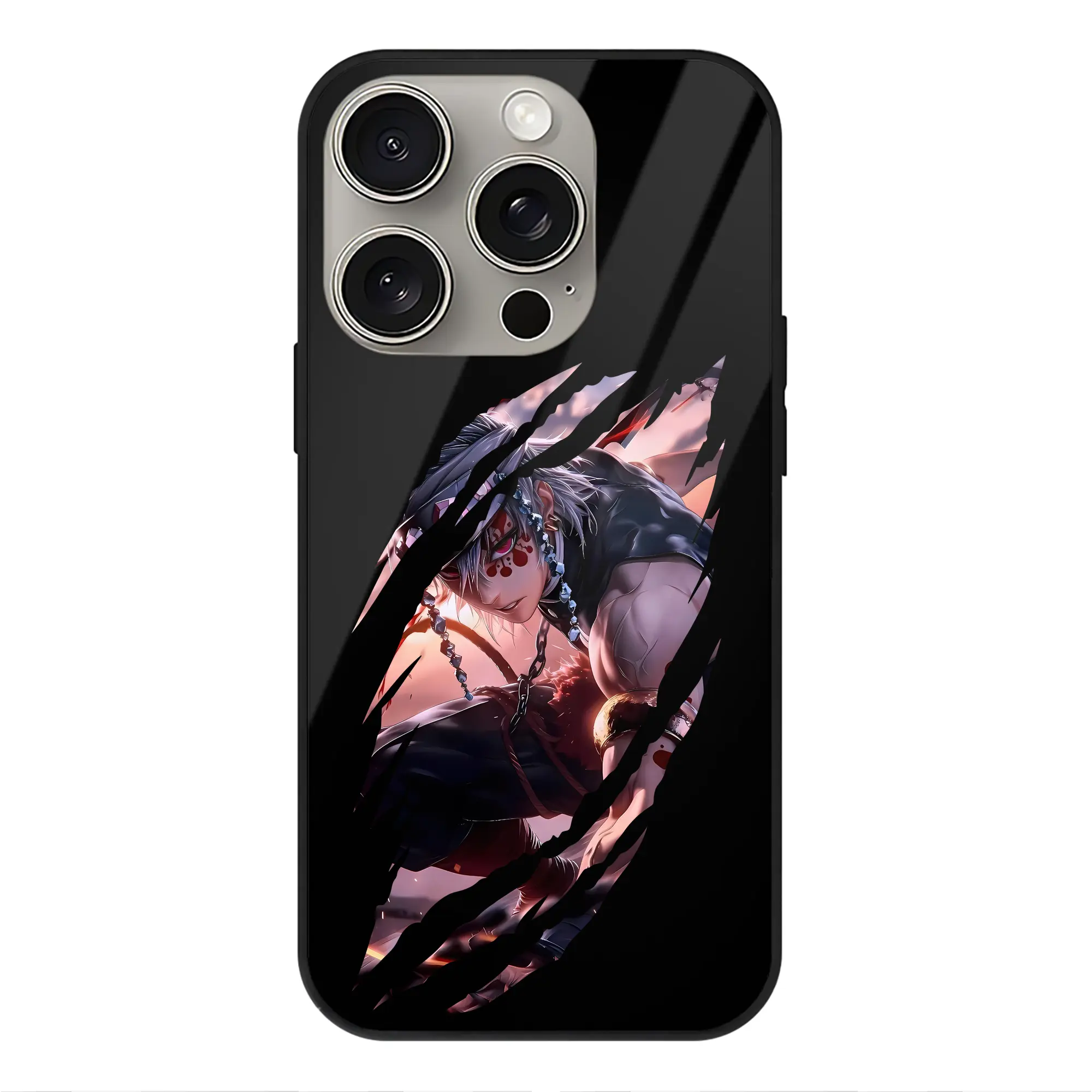 鬼滅の刃 グッズ,宇髄 天元 - IPhone15Pro対応 ・ スマホケース ・ 背面ガラス ・ TPU+強化ガラス ・ 耐衝撃 ・ 黄変防止 ・ ワイヤレス充電対応 ・ 3D立体ボタン