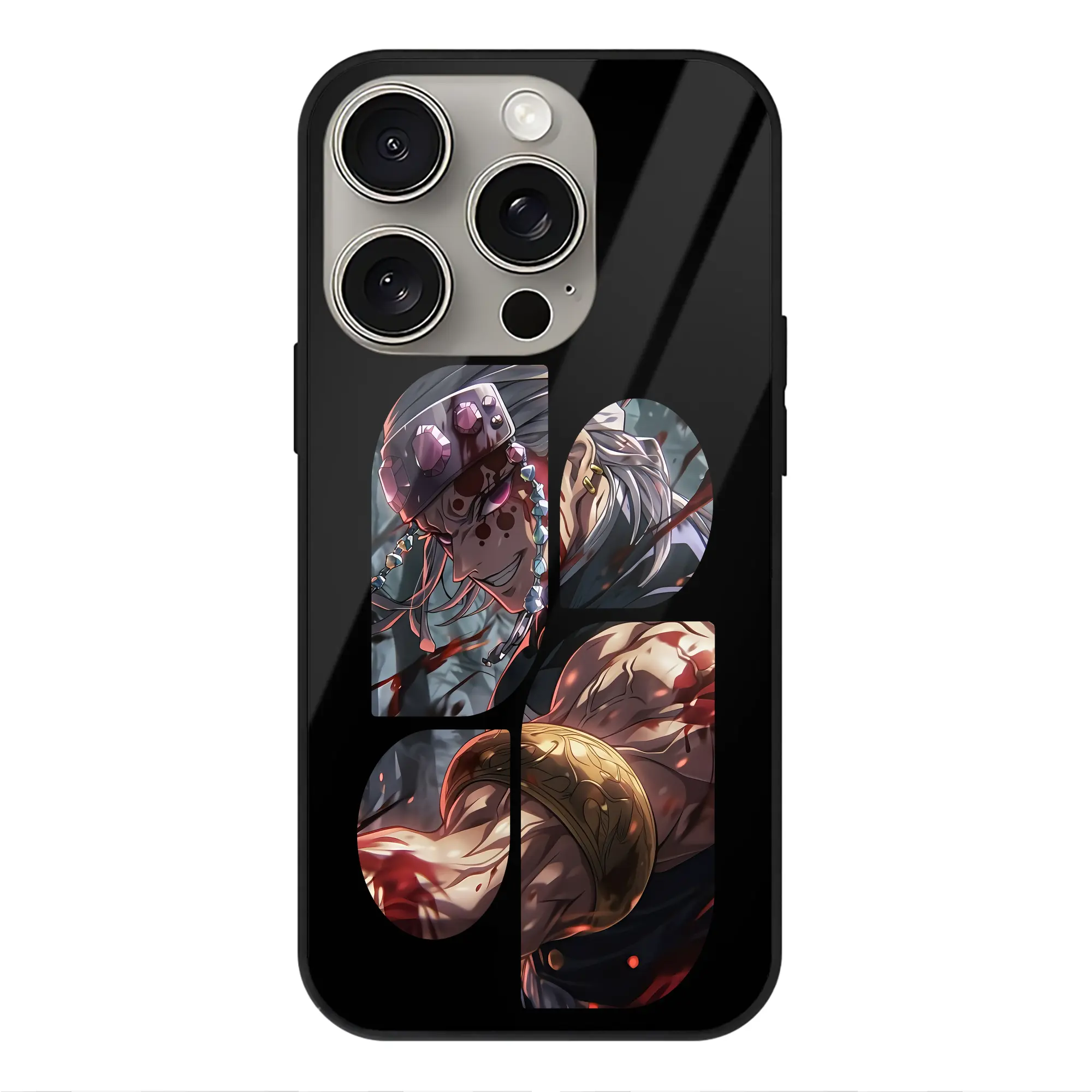 鬼滅の刃 グッズ,宇髄 天元 - IPhone15Pro対応 ・ スマホケース ・ 背面ガラス ・ TPU+強化ガラス ・ 耐衝撃 ・ 黄変防止 ・ ワイヤレス充電対応 ・ 3D立体ボタン