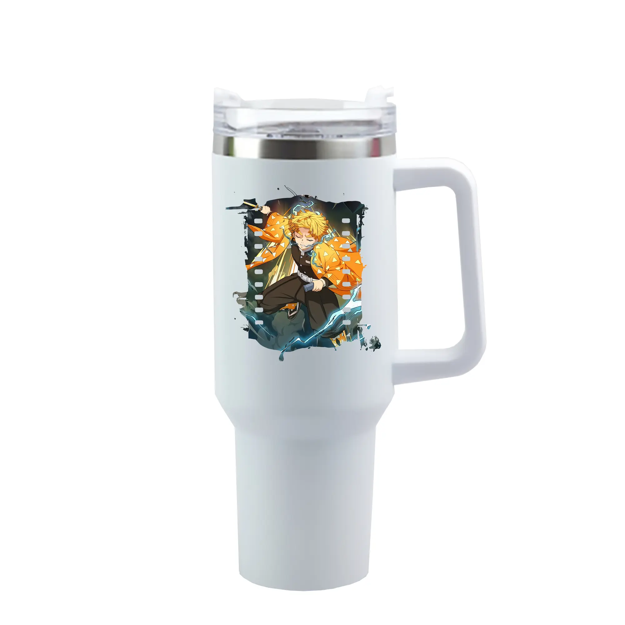 鬼滅の刃 グッズ,我妻 善逸 - 1200mL 車用タンブラー ・ クリスタルステッカー ・ 304ステンレス 内側 ・ 201ステンレス 外側 ・ 保温 保冷 ・ ハンドル＆ストロー付き ・ 通勤 ドライブ アウトドア用