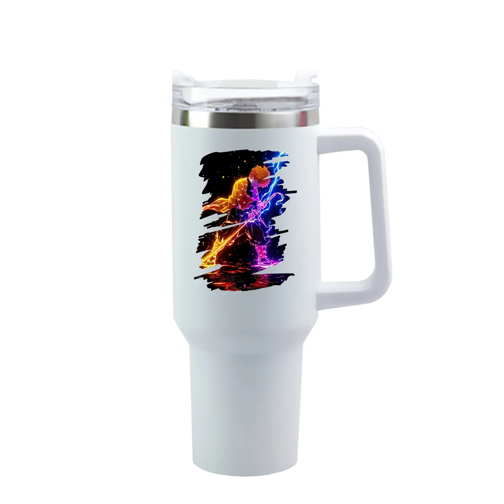 鬼滅の刃 グッズ,我妻 善逸 - 1200mL 車用タンブラー ・ クリスタルステッカー ・ 304ステンレス 内側 ・ 201ステンレス 外側 ・ 保温 保冷 ・ ハンドル＆ストロー付き ・ 通勤 ドライブ アウトドア用