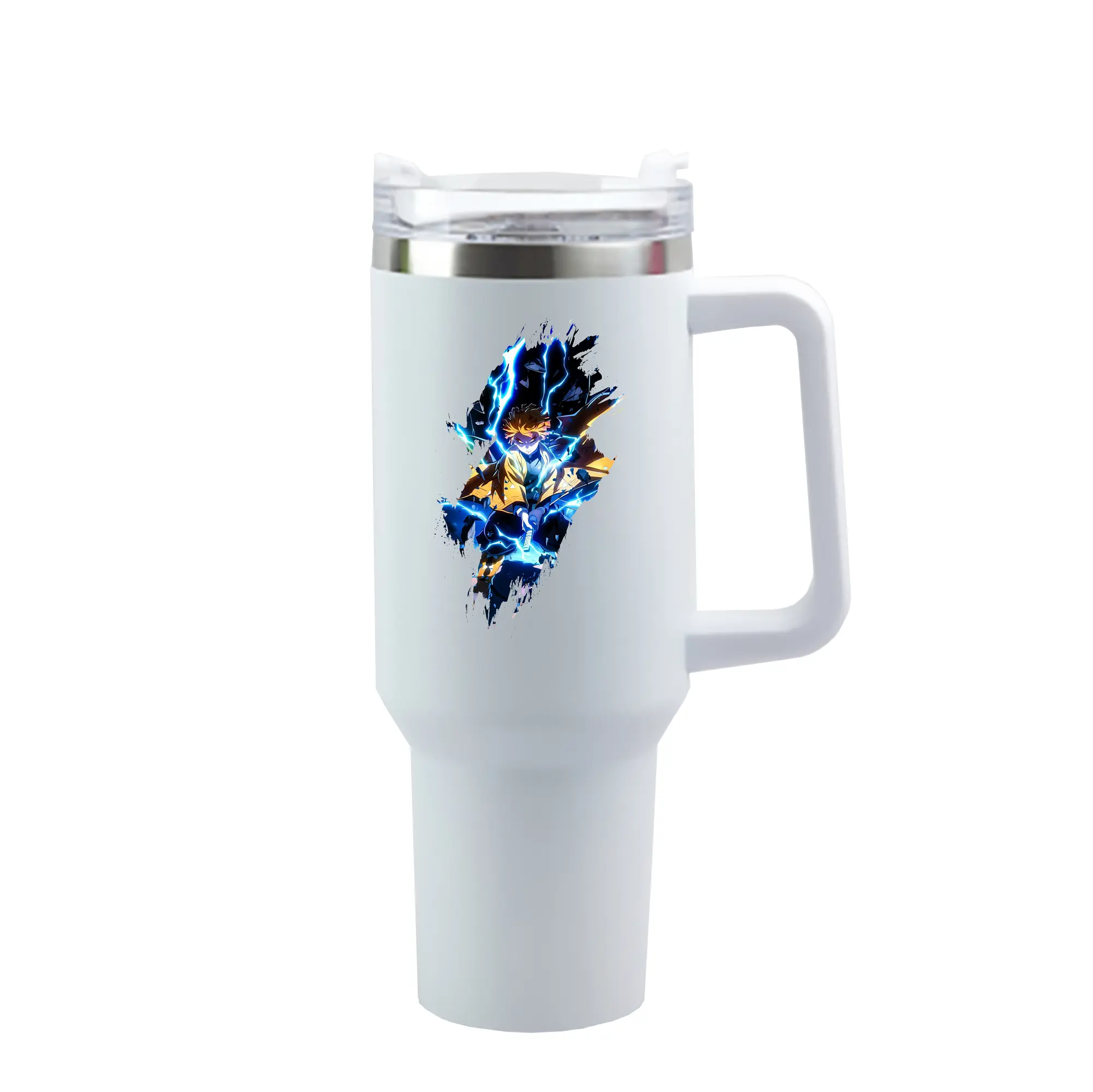 鬼滅の刃 グッズ,我妻 善逸 - 1200mL 車用タンブラー ・ クリスタルステッカー ・ 304ステンレス 内側 ・ 201ステンレス 外側 ・ 保温 保冷 ・ ハンドル＆ストロー付き ・ 通勤 ドライブ アウトドア用