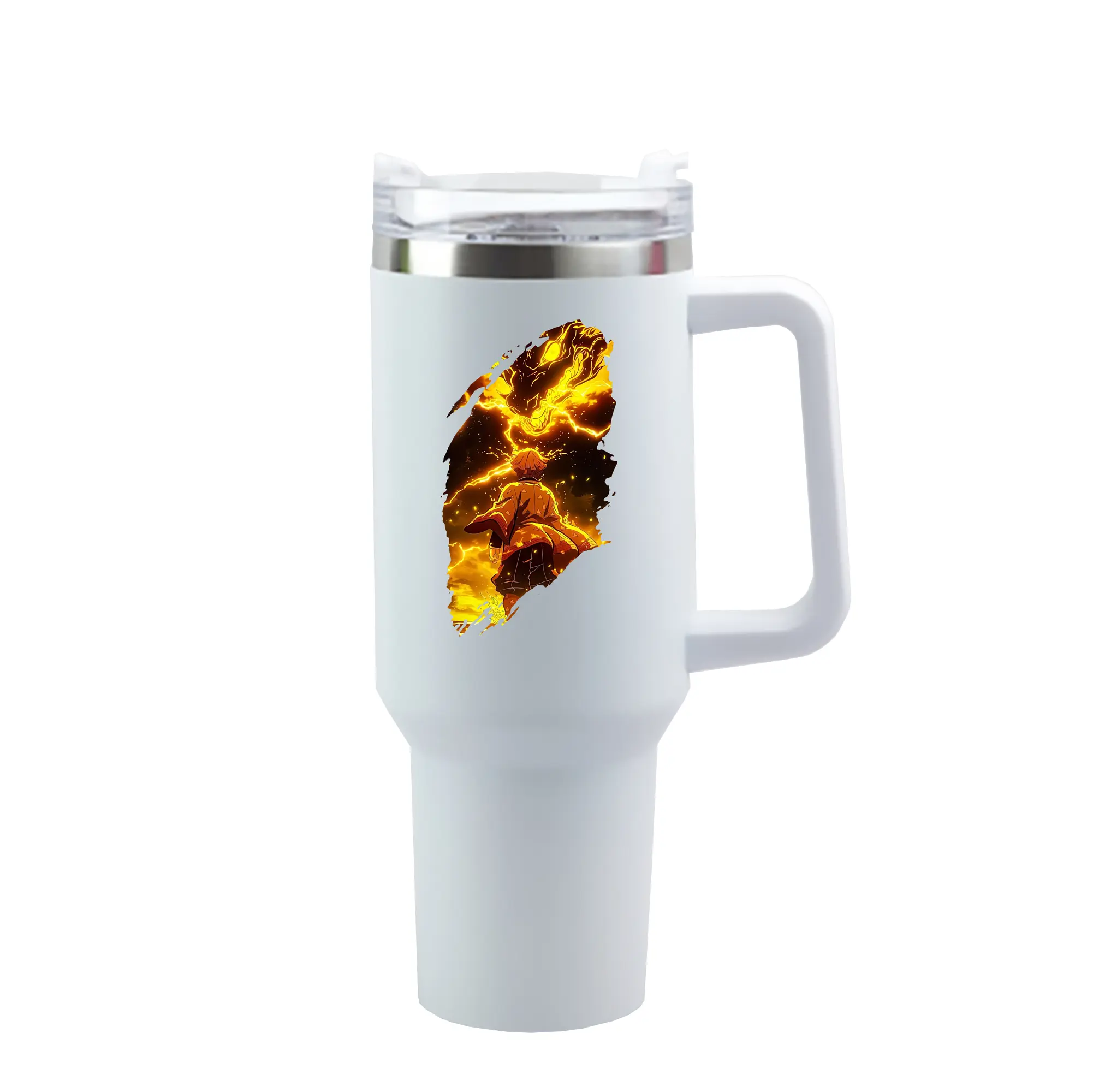 鬼滅の刃 グッズ,我妻 善逸 - 1200mL 車用タンブラー ・ クリスタルステッカー ・ 304ステンレス 内側 ・ 201ステンレス 外側 ・ 保温 保冷 ・ ハンドル＆ストロー付き ・ 通勤 ドライブ アウトドア用