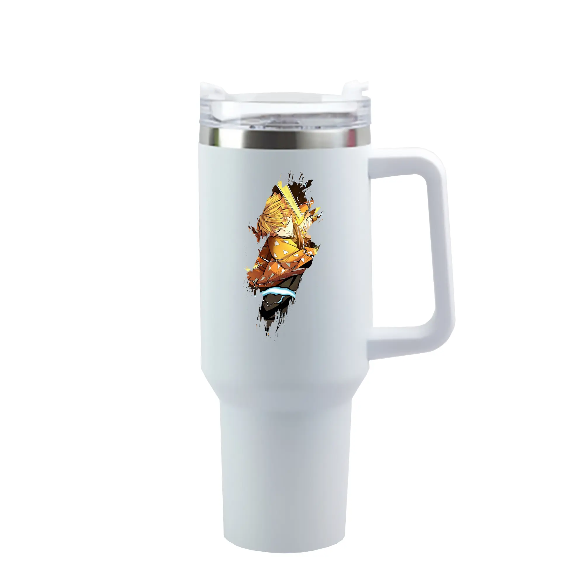 鬼滅の刃 グッズ,我妻 善逸 - 1200mL 車用タンブラー ・ クリスタルステッカー ・ 304ステンレス 内側 ・ 201ステンレス 外側 ・ 保温 保冷 ・ ハンドル＆ストロー付き ・ 通勤 ドライブ アウトドア用