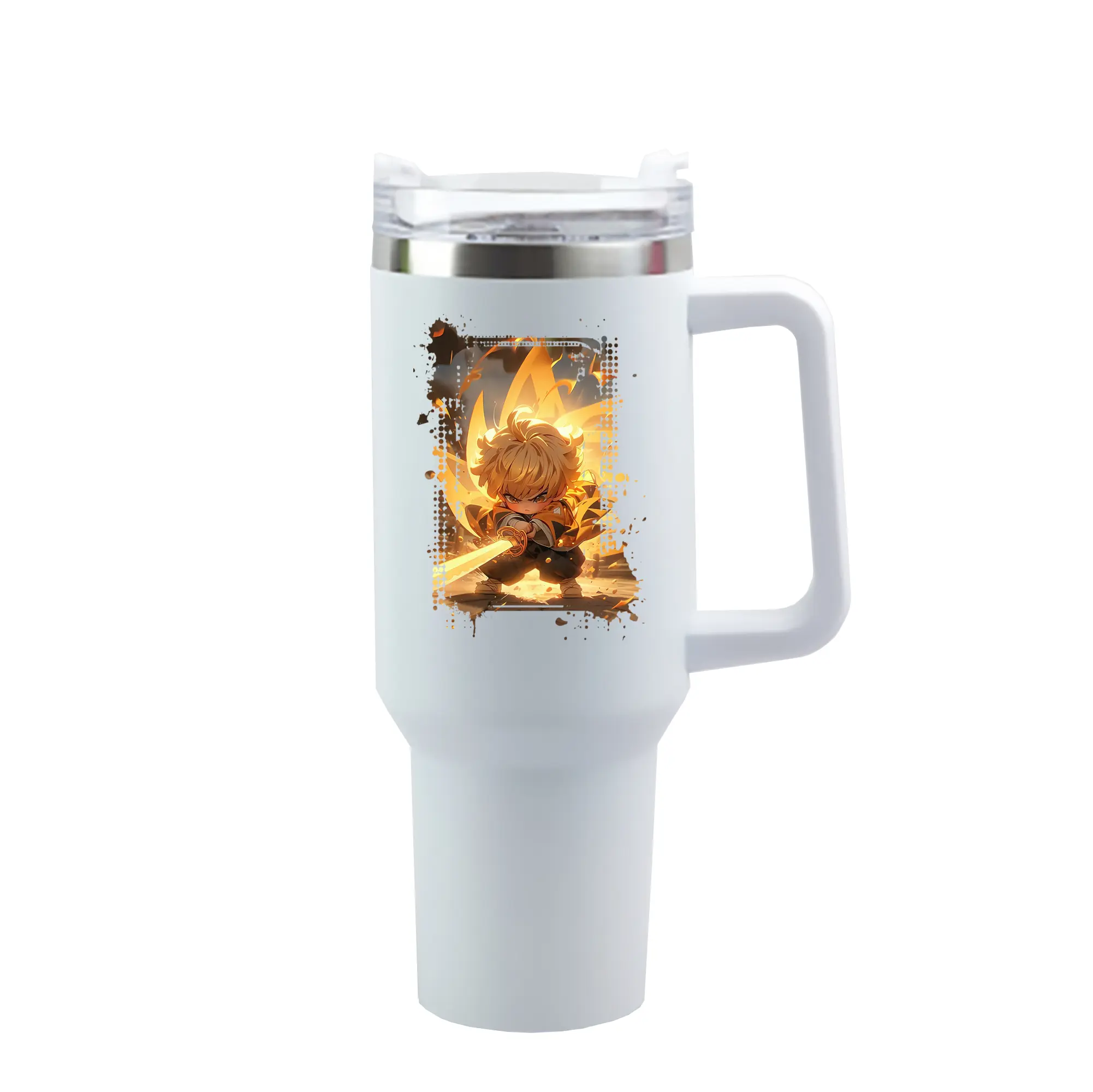 鬼滅の刃 グッズ,我妻 善逸 - 1200mL 車用タンブラー ・ クリスタルステッカー ・ 304ステンレス 内側 ・ 201ステンレス 外側 ・ 保温 保冷 ・ ハンドル＆ストロー付き ・ 通勤 ドライブ アウトドア用