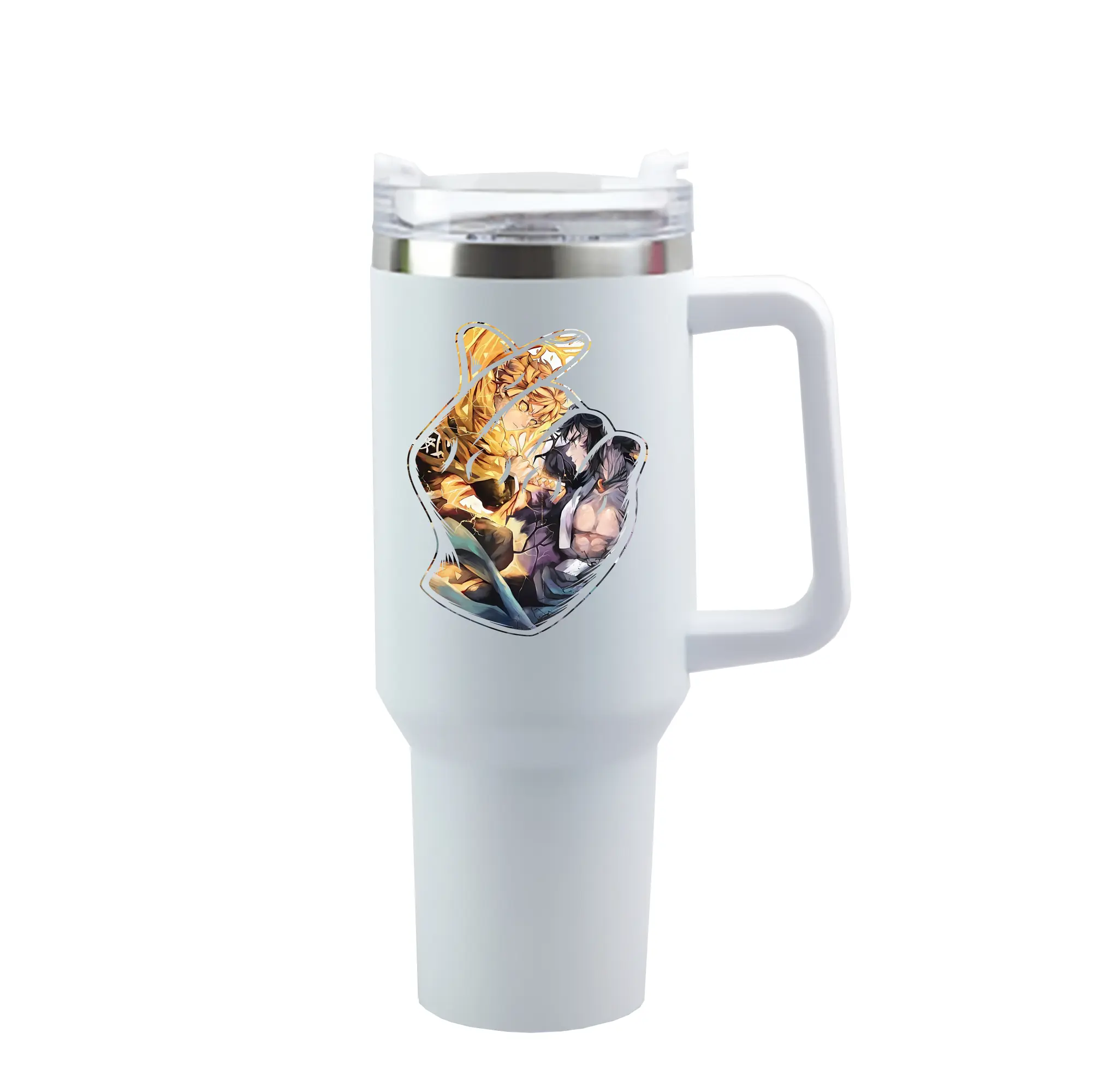 鬼滅の刃 グッズ,我妻 善逸 - 1200mL 車用タンブラー ・ クリスタルステッカー ・ 304ステンレス 内側 ・ 201ステンレス 外側 ・ 保温 保冷 ・ ハンドル＆ストロー付き ・ 通勤 ドライブ アウトドア用