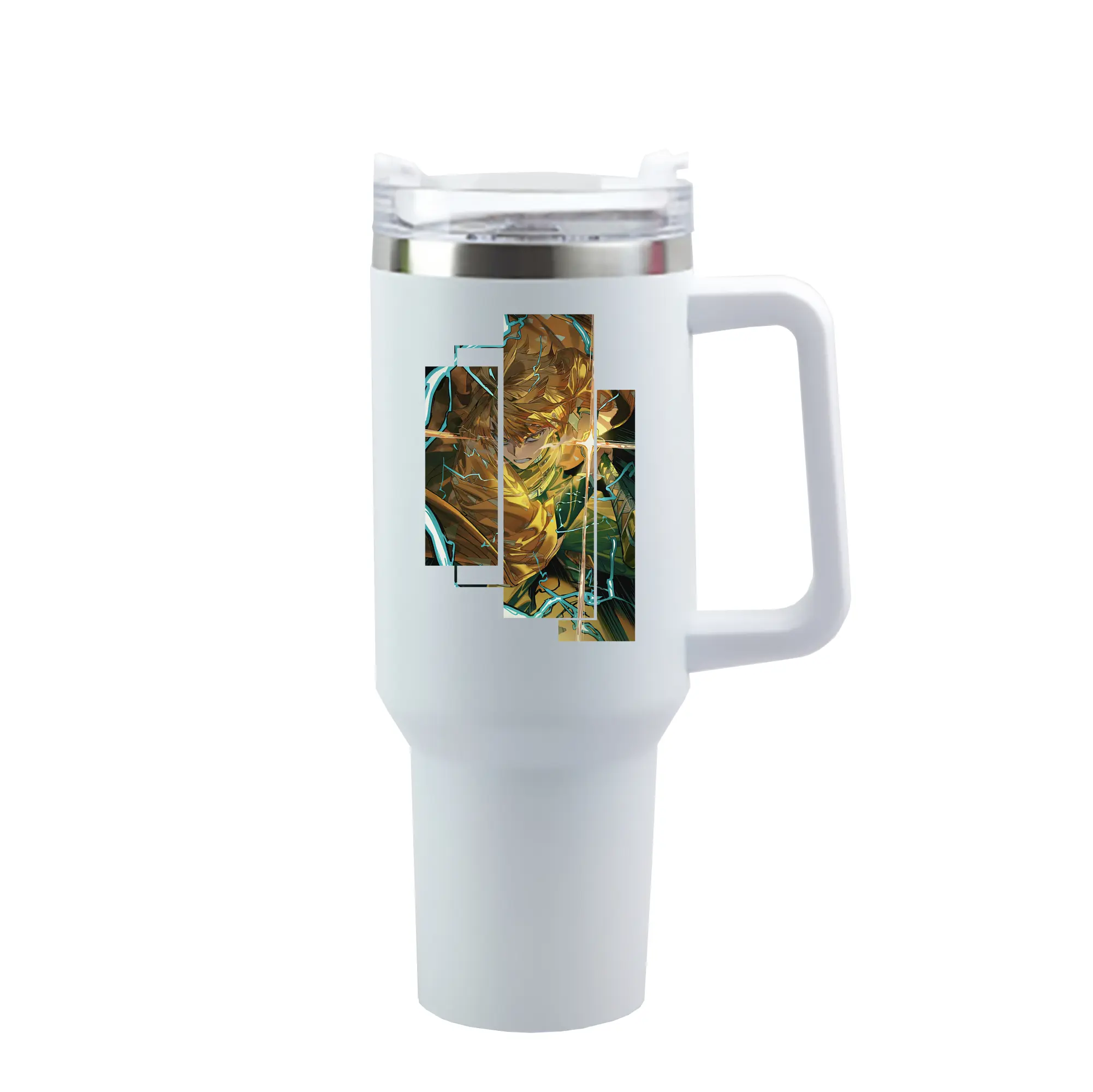 鬼滅の刃 グッズ,我妻 善逸 - 1200mL 車用タンブラー ・ クリスタルステッカー ・ 304ステンレス 内側 ・ 201ステンレス 外側 ・ 保温 保冷 ・ ハンドル＆ストロー付き ・ 通勤 ドライブ アウトドア用