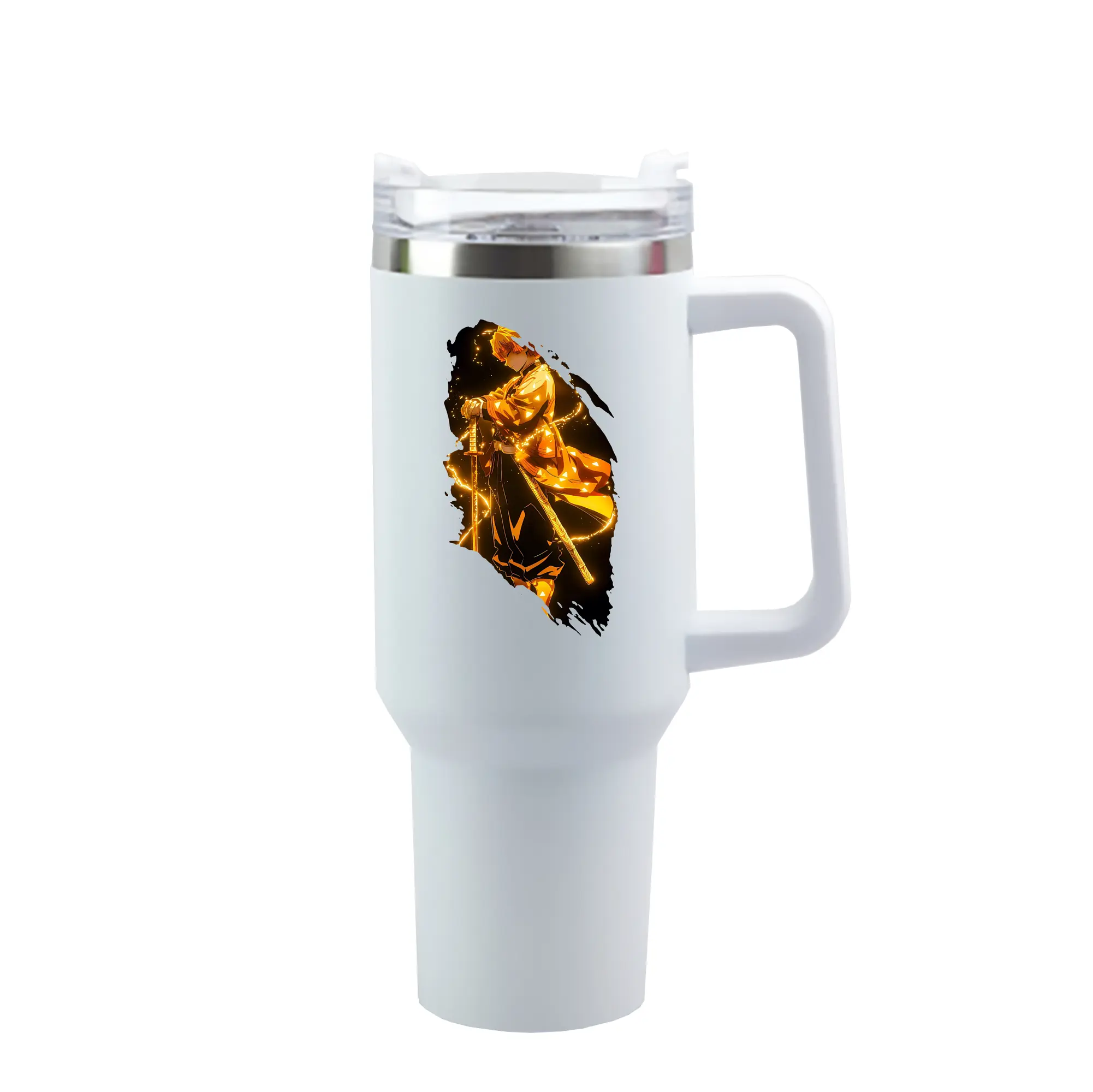 鬼滅の刃 グッズ,我妻 善逸 - 1200mL 車用タンブラー ・ クリスタルステッカー ・ 304ステンレス 内側 ・ 201ステンレス 外側 ・ 保温 保冷 ・ ハンドル＆ストロー付き ・ 通勤 ドライブ アウトドア用