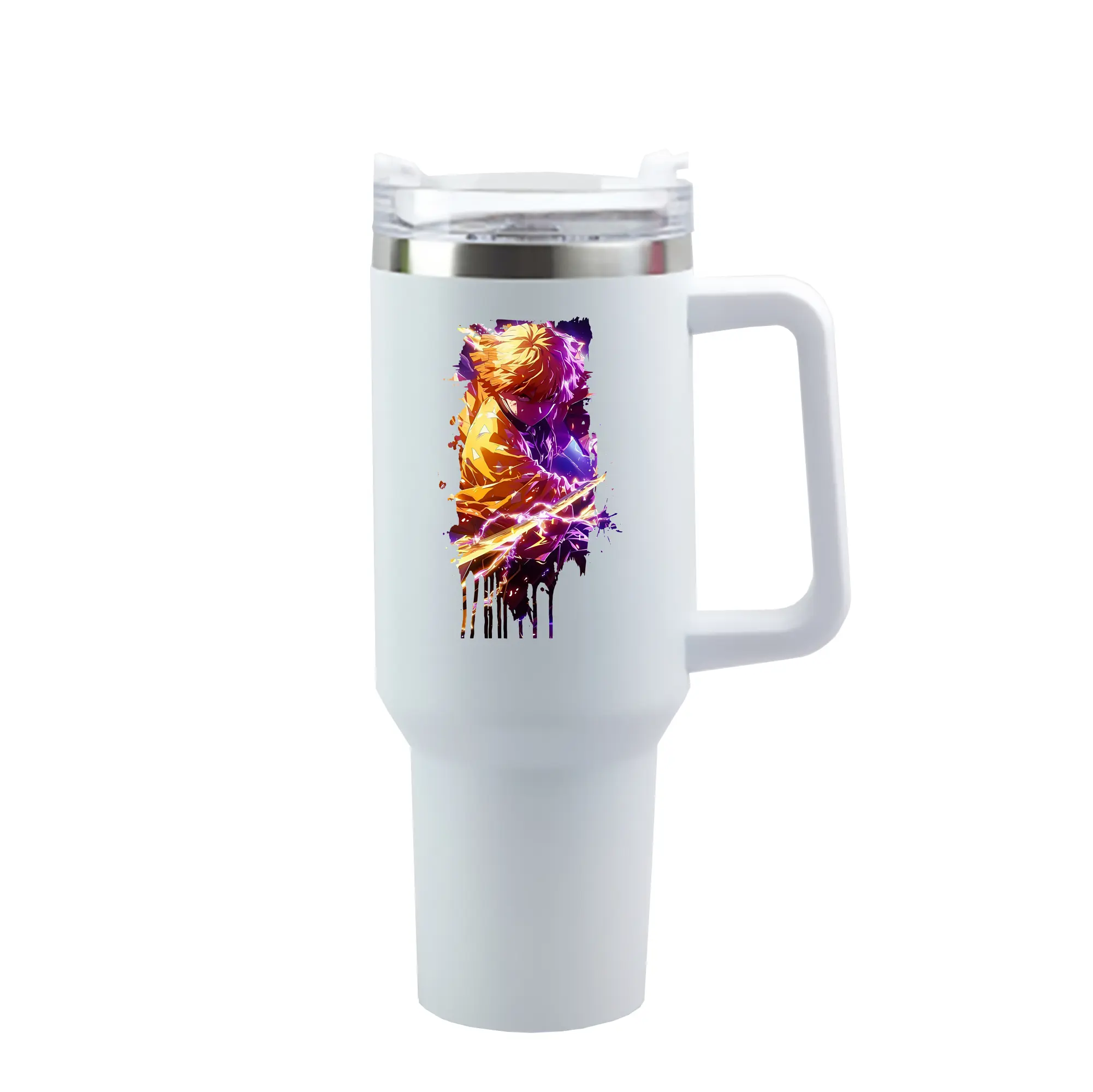 鬼滅の刃 グッズ,我妻 善逸 - 1200mL 車用タンブラー ・ クリスタルステッカー ・ 304ステンレス 内側 ・ 201ステンレス 外側 ・ 保温 保冷 ・ ハンドル＆ストロー付き ・ 通勤 ドライブ アウトドア用