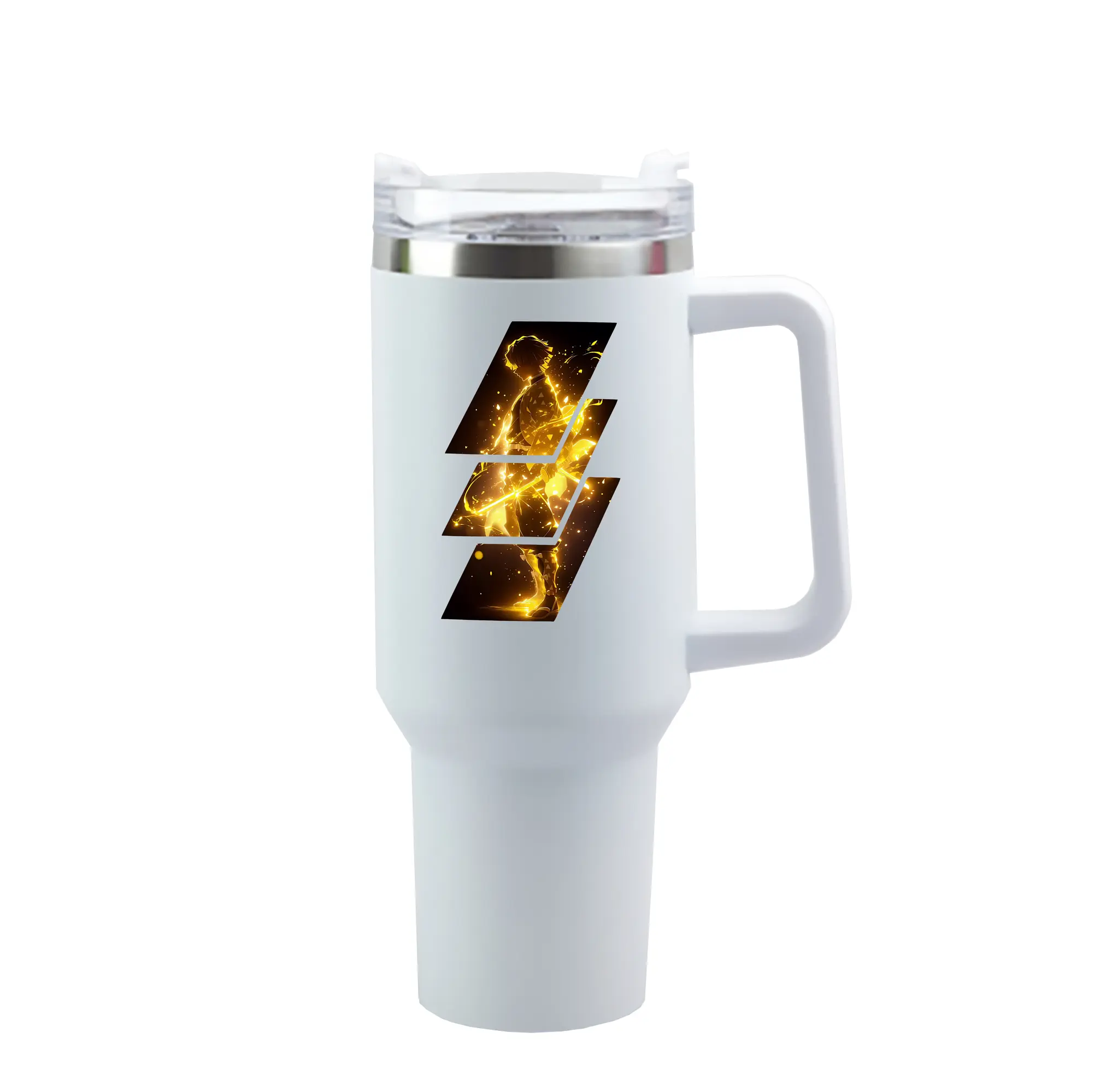 鬼滅の刃 グッズ,我妻 善逸 - 1200mL 車用タンブラー ・ クリスタルステッカー ・ 304ステンレス 内側 ・ 201ステンレス 外側 ・ 保温 保冷 ・ ハンドル＆ストロー付き ・ 通勤 ドライブ アウトドア用